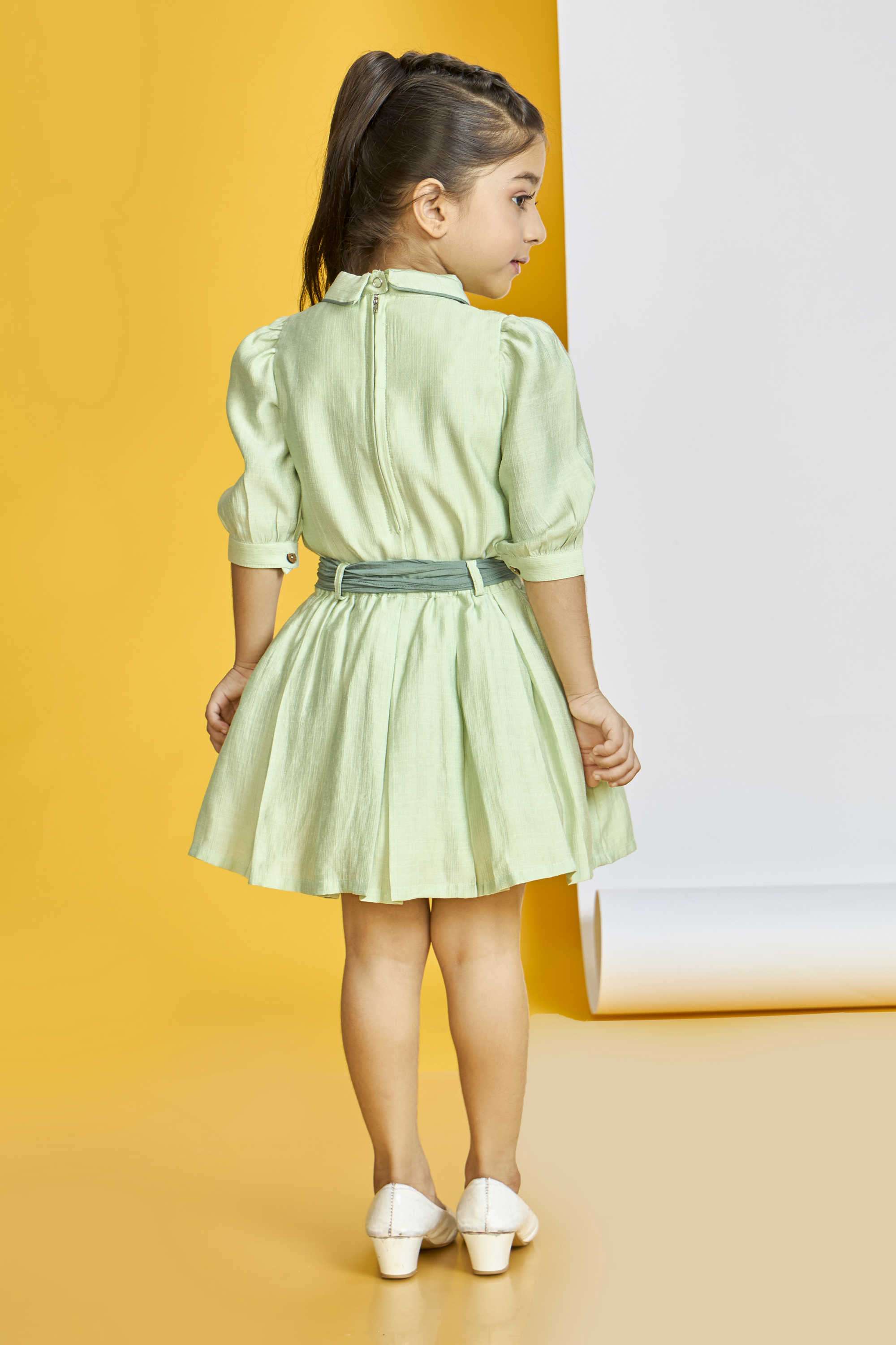 Floral-Blended-Fabric-Collared-Girl-s-Party-Wear-Skirt-&-Top-with-Belt-Clothing-Set