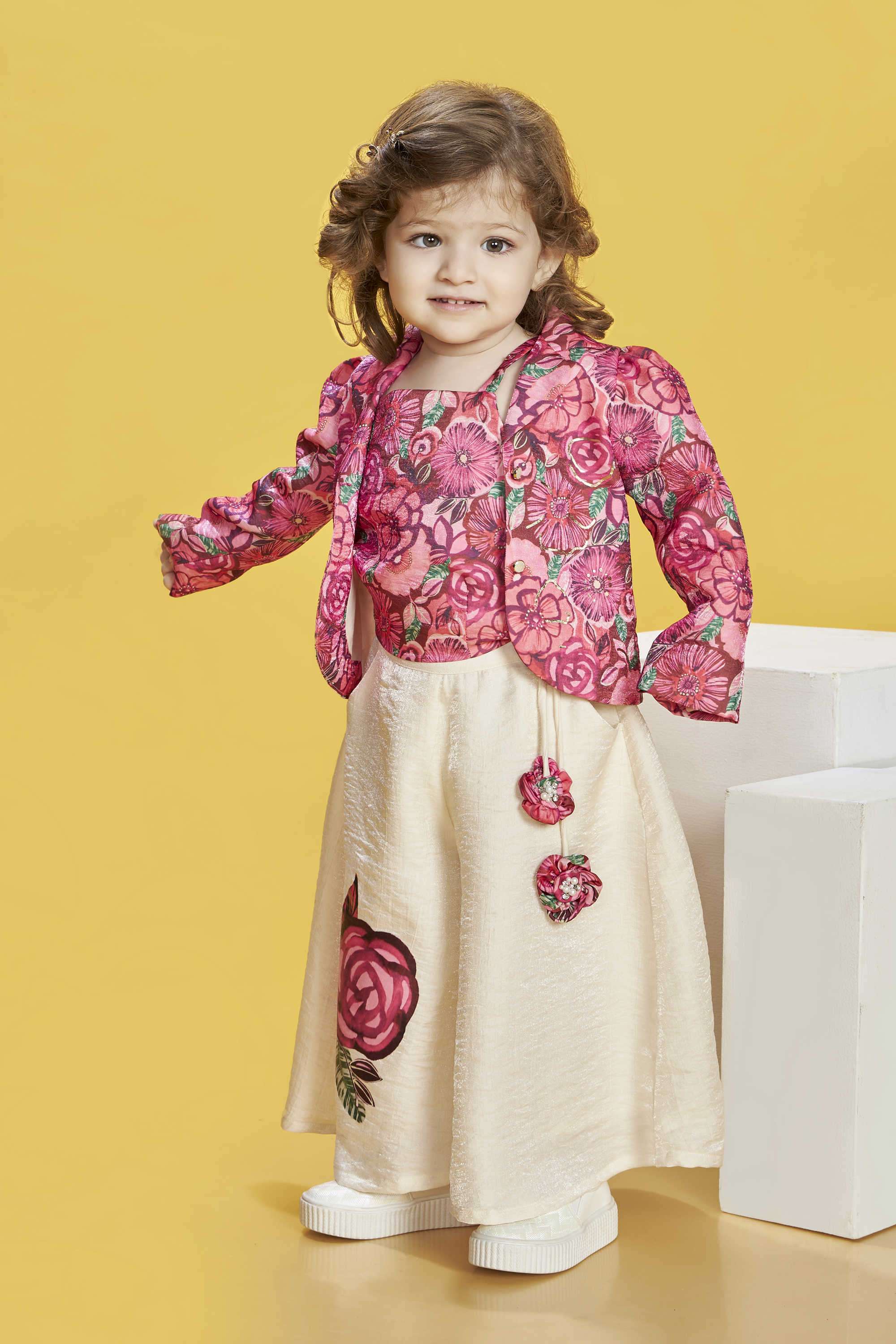 Floral-Polyester-Collared-Girl-s-Party-Wear-Palazzo -Top-&-Jacket-Clothing-Set