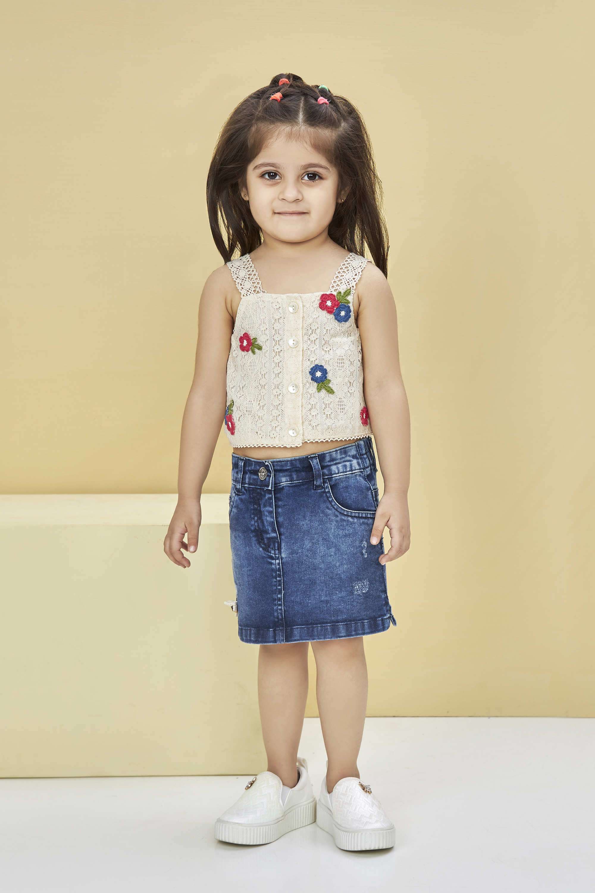 Embellished-Blended-Fabric-Square-Neck-Girls-Casual-Wear-Skirt-Set