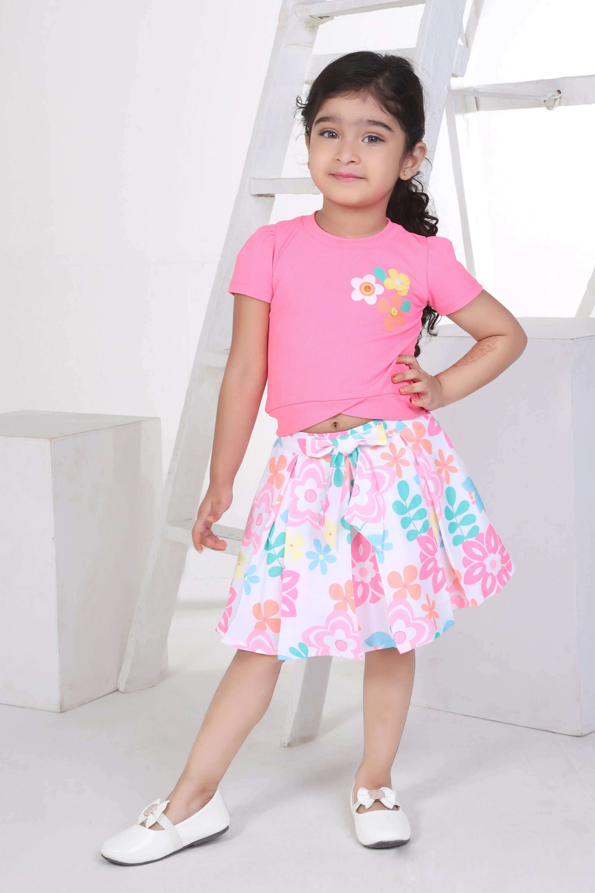 Floral-Polyester-Round-Neck-Girls-Casual-Wear-Skirt-Set