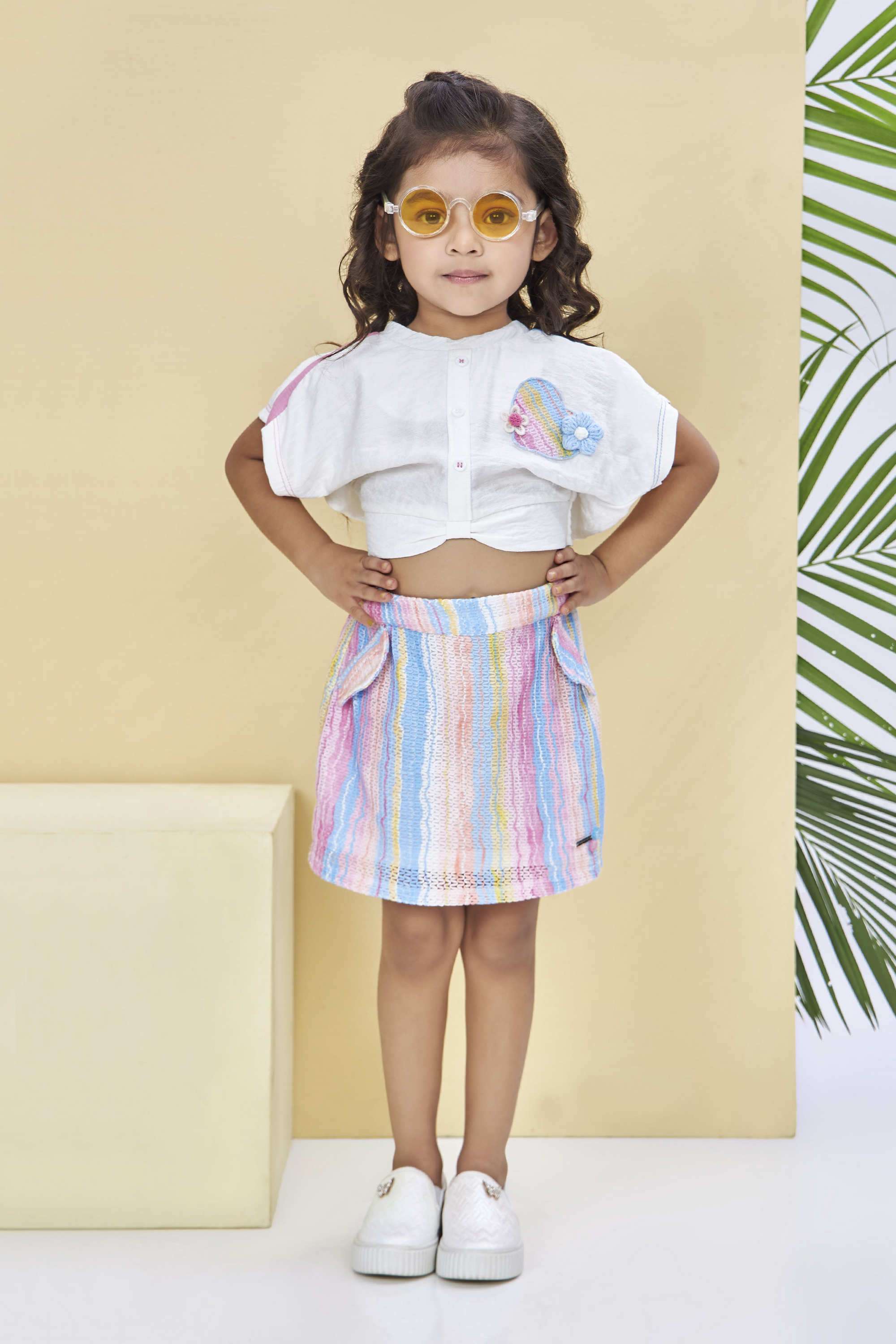 Embellished-Polyester-Collared-Girls-Casual-Wear-Skirt-Set