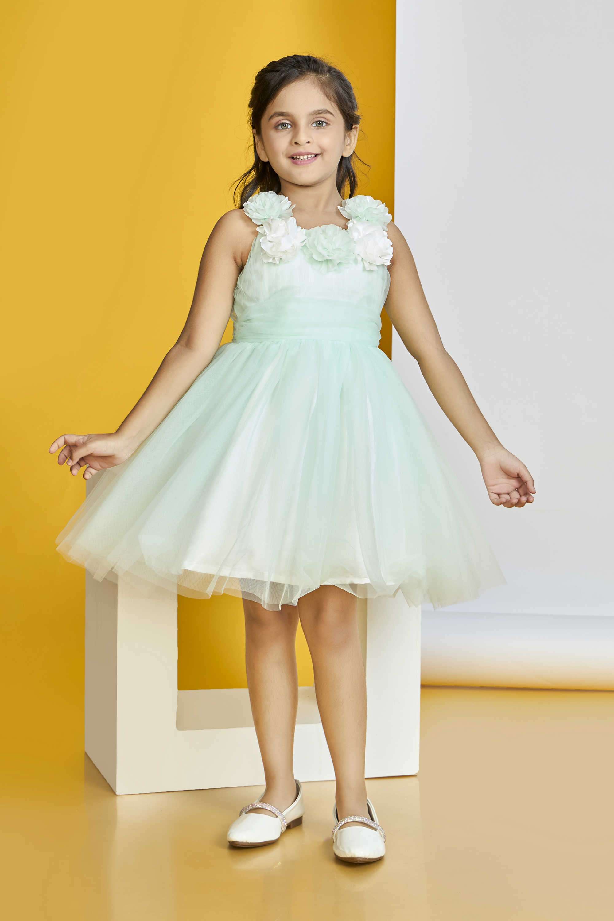 Solid-Polyester-Square-Neck-Girl-s-Party-Wear-Dress