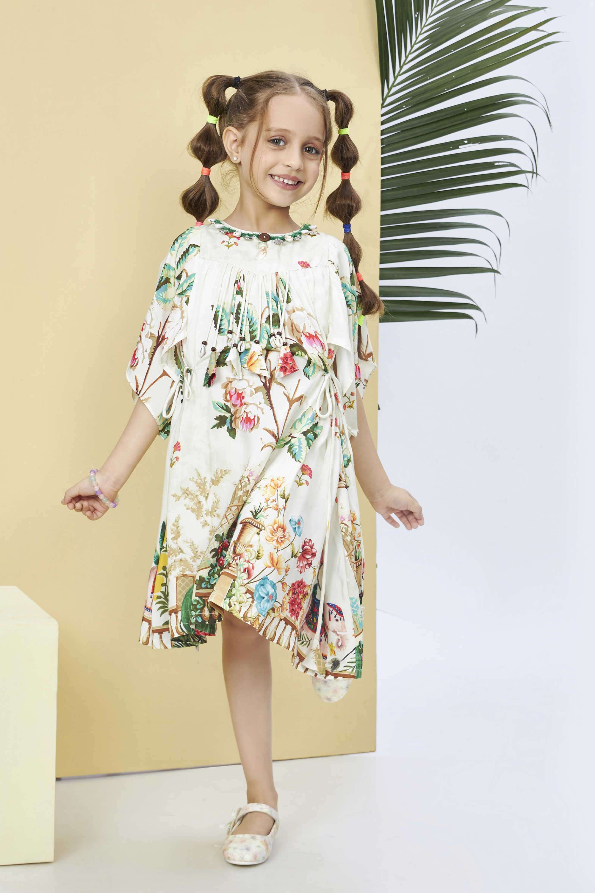 Printed-Blended-Fabric-Round-Neck-Girl-s-Casual-Wear-Dress