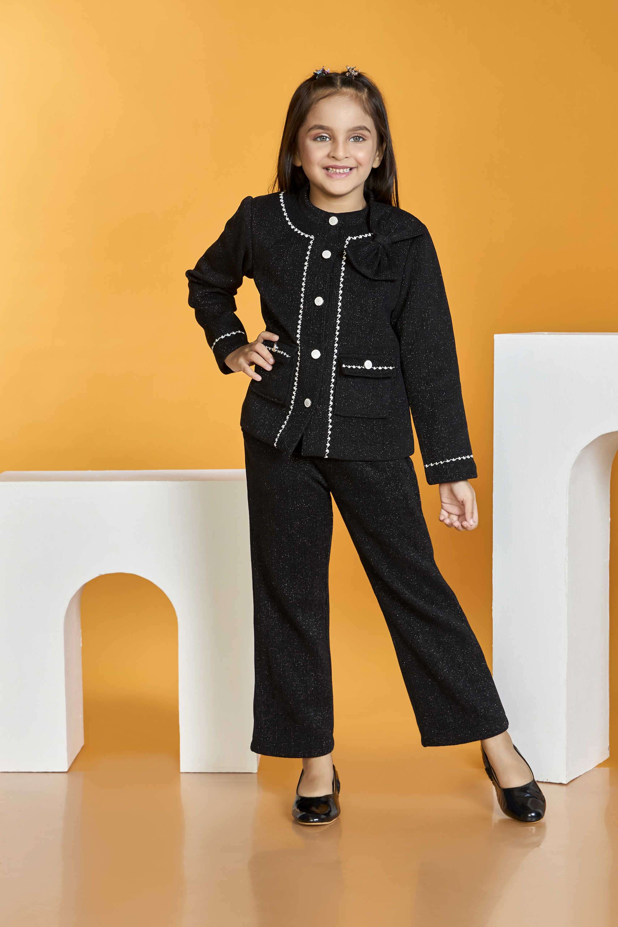 Embellished-Blended-Fabric-High-Neck-Girl-s-Casual-Wear-Pant-&-Top-Clothing-Set