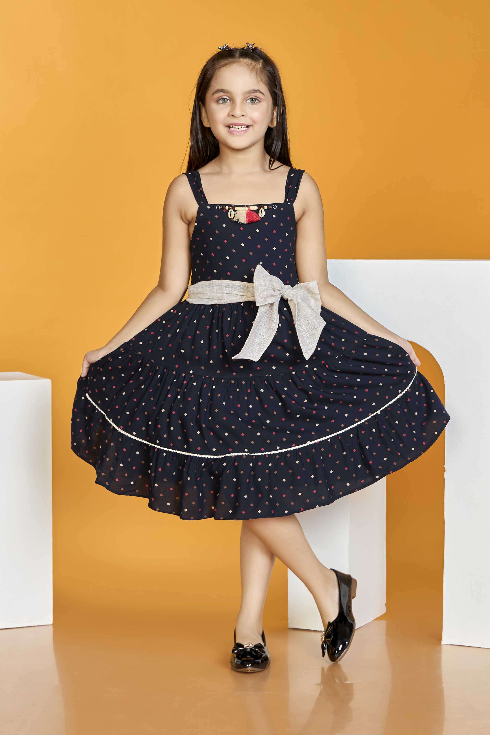 Printed-Blended-Fabric-Square-Neck-Girl-s-Casual-Wear-Dress