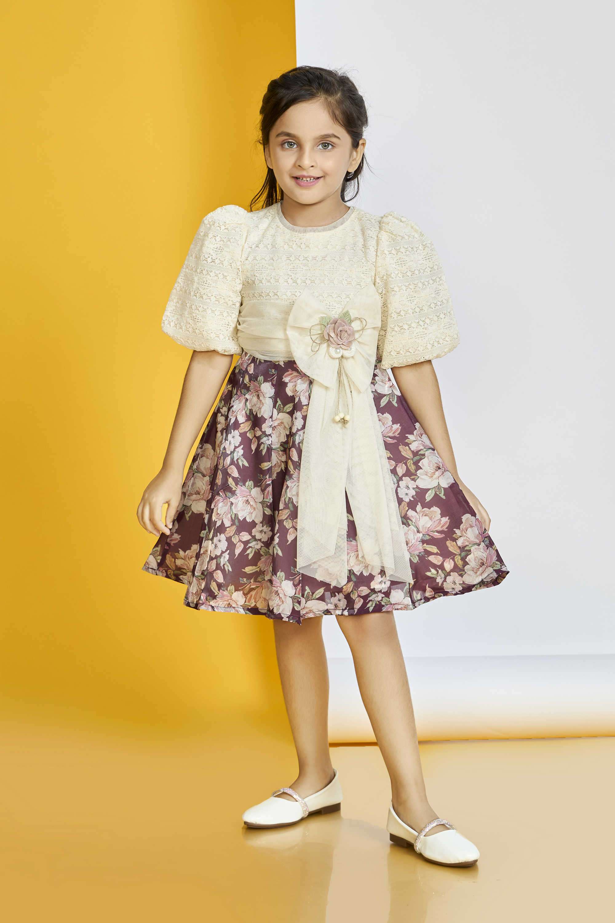 Floral-Polyester-Round-Neck-Girl-s-Party-Wear-Dress