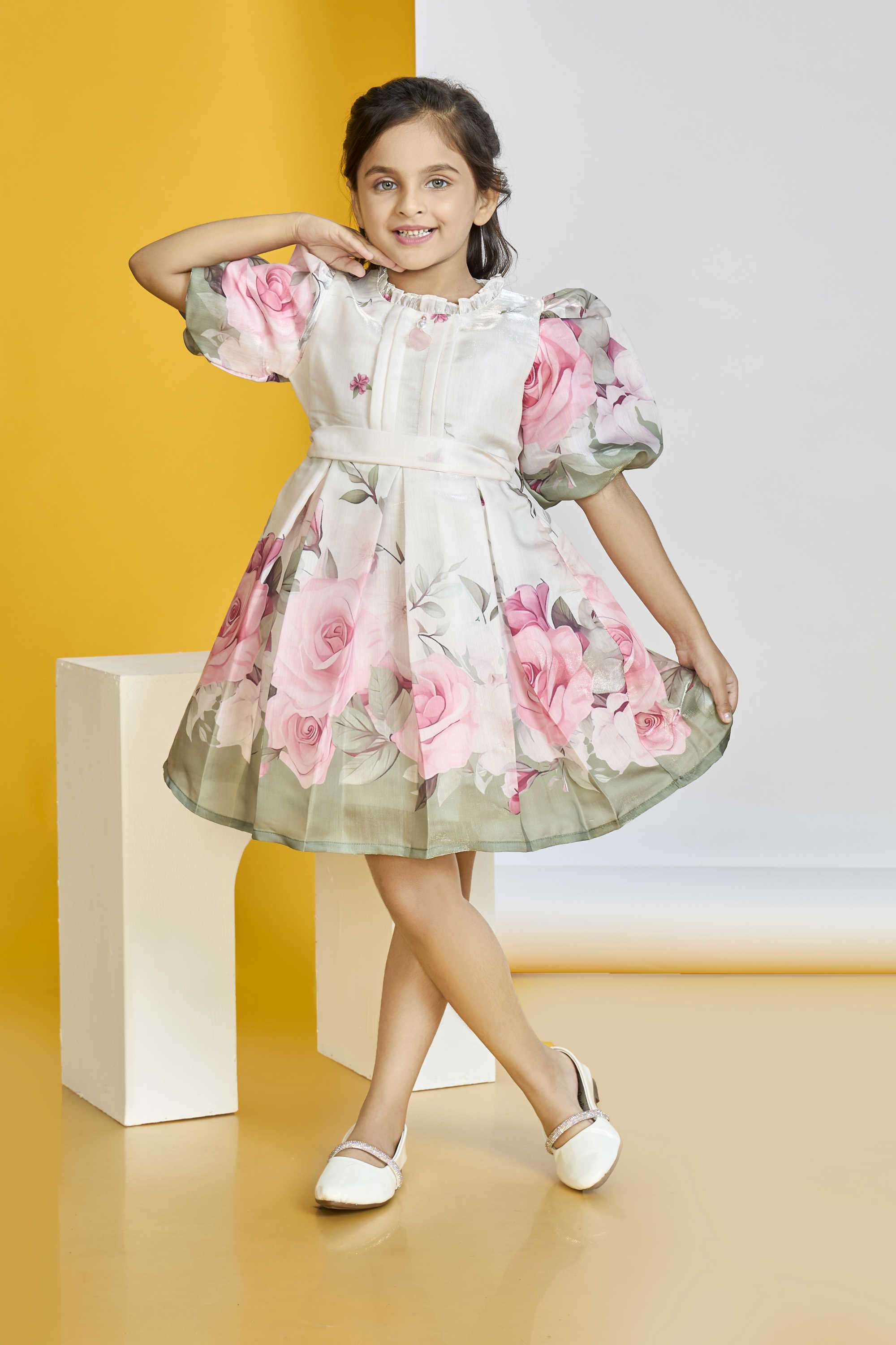Floral-Polyester-Round-Neck-Girl-s-Party-Wear-Dress