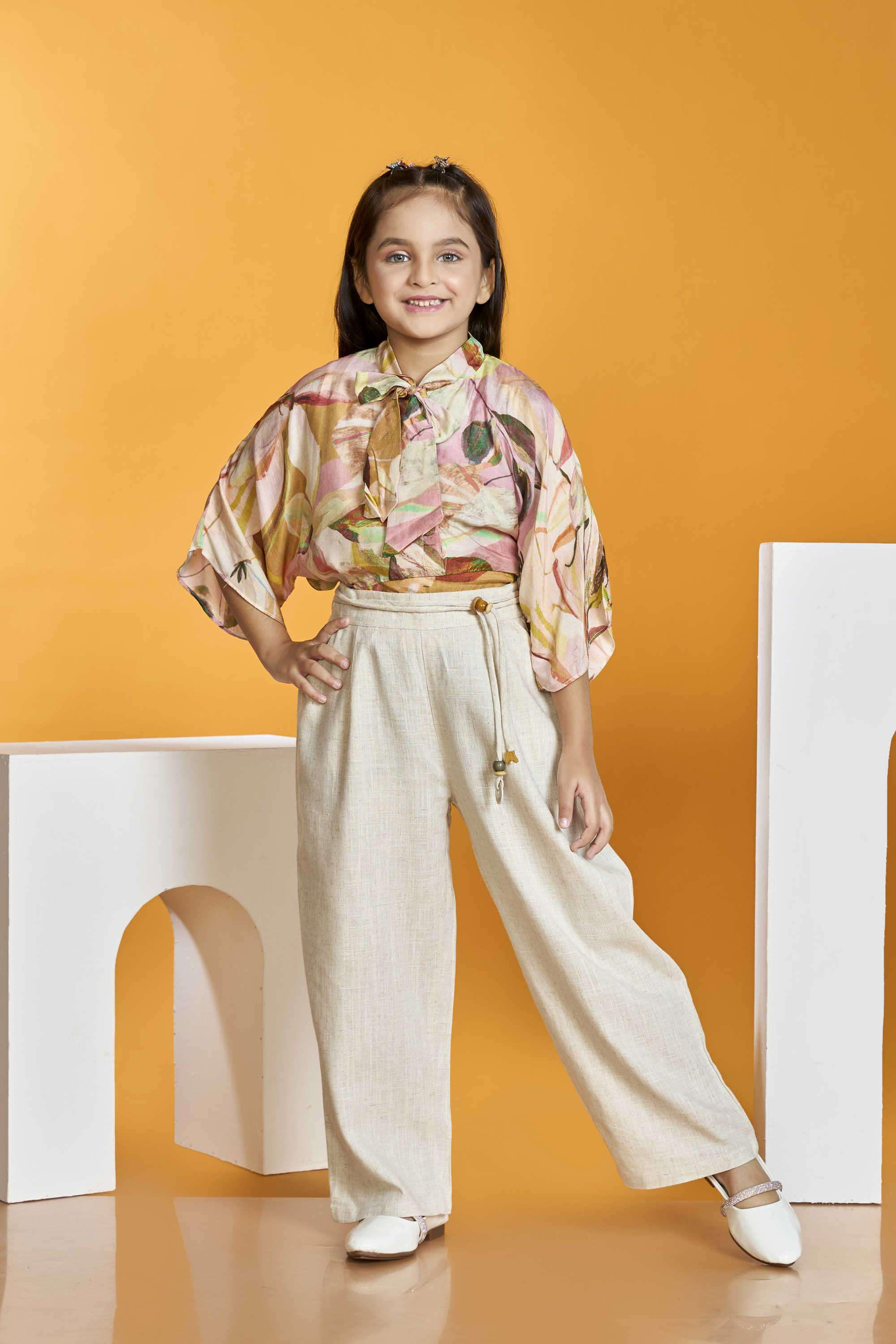 Floral-Polyester-Tie-Up-Neck-Girl-s-Casual-Wear-Pant-&-Top-Clothing-Set
