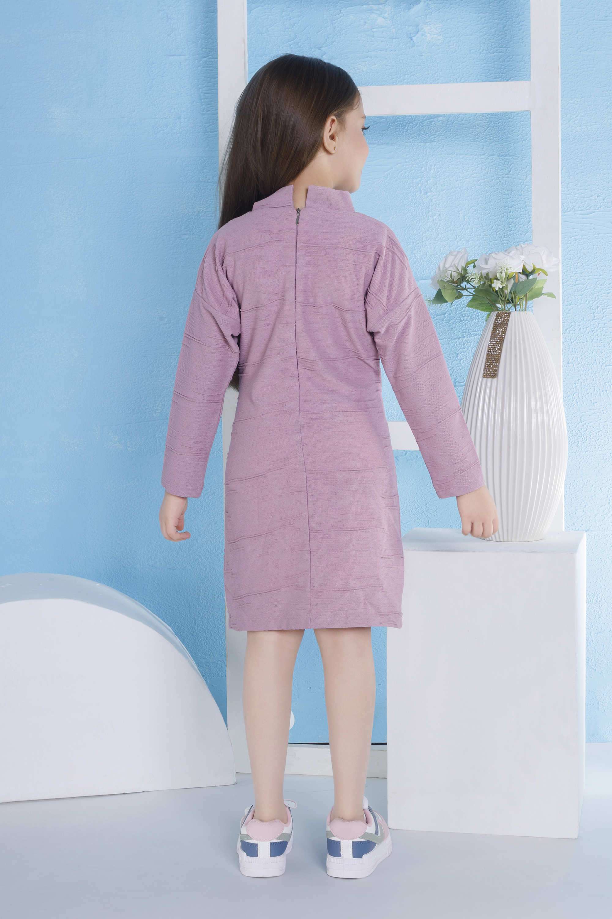 Textured-Blended-Fabric-Round-Neck-Girls-Casual-Wear-Dress