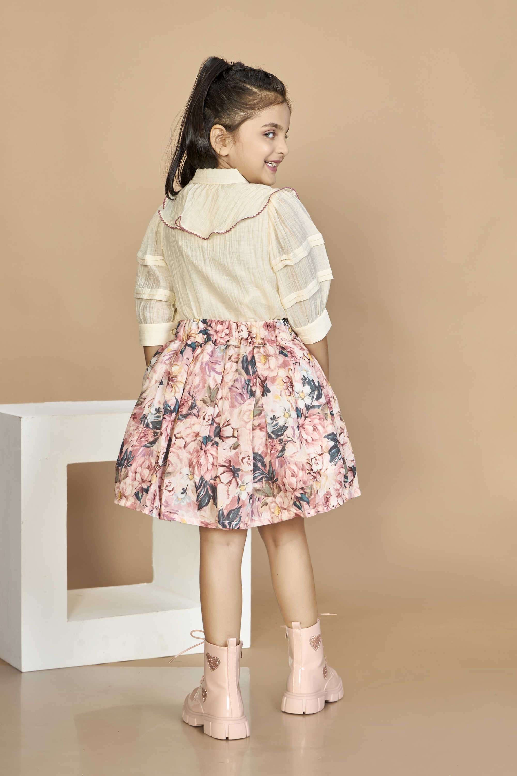 Floral-Polyester-Collared-Girl-s-Festive-Wear-Skirt-&-Top-Clothing-Set