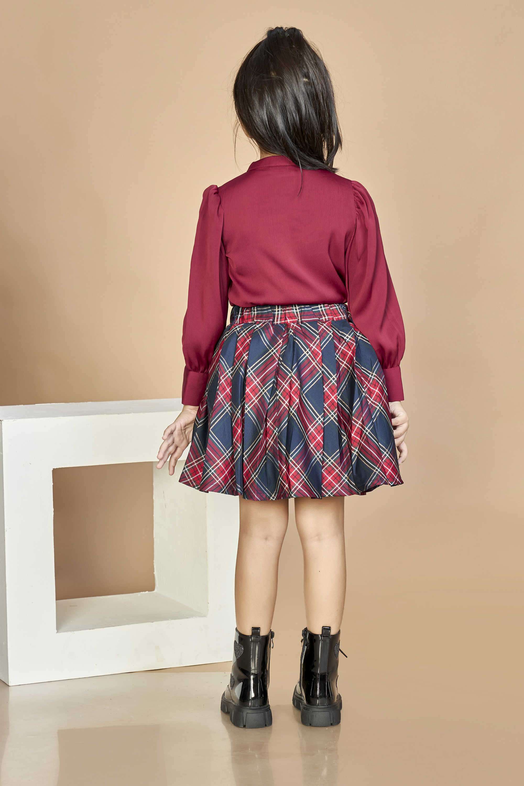 Checks-Polyester-Round-Neck-Girl-s-Casual-Wear-Skirt-&-Top-Clothing-Set