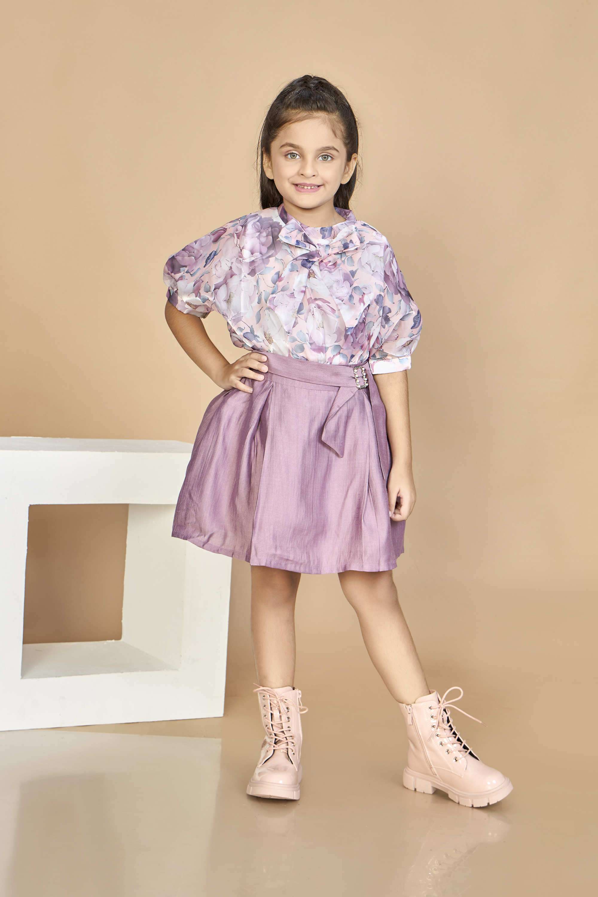 Floral-Polyester-Round-Neck-Girls-Casual-Wear-Skirt-Set