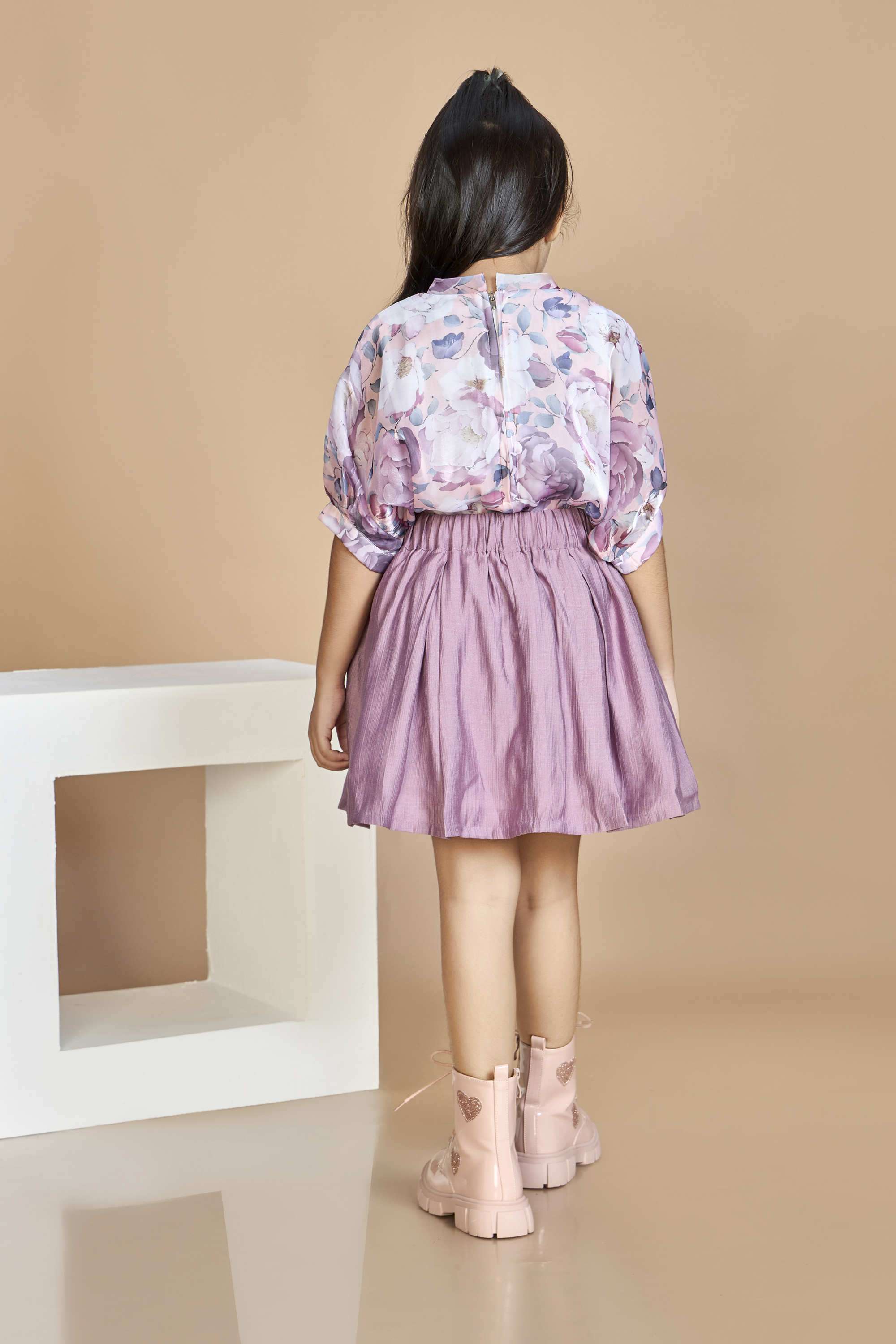 Floral-Polyester-Round-Neck-Girls-Casual-Wear-Skirt-Set