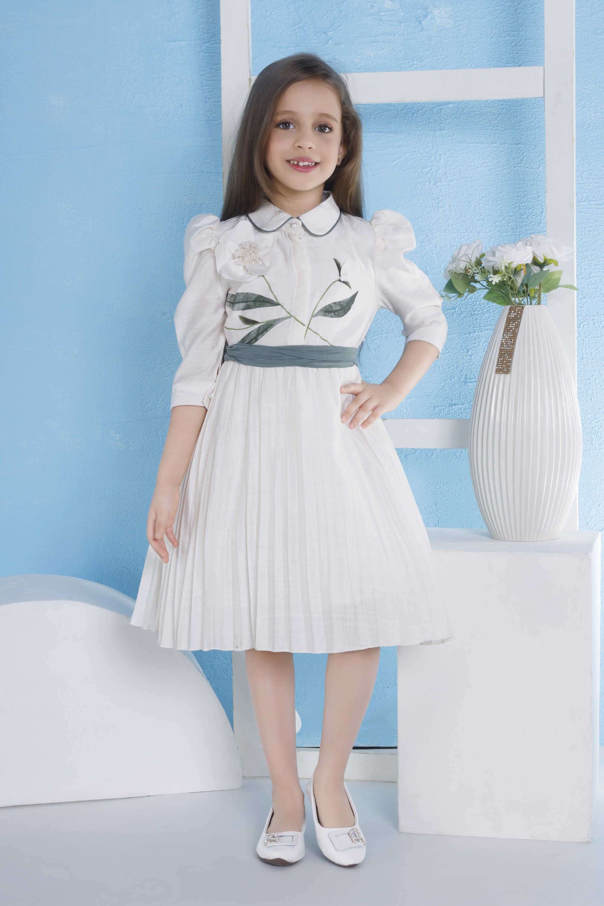 Solid-Blended-Fabric-Collared-Girl-s-Casual-Wear-Dress