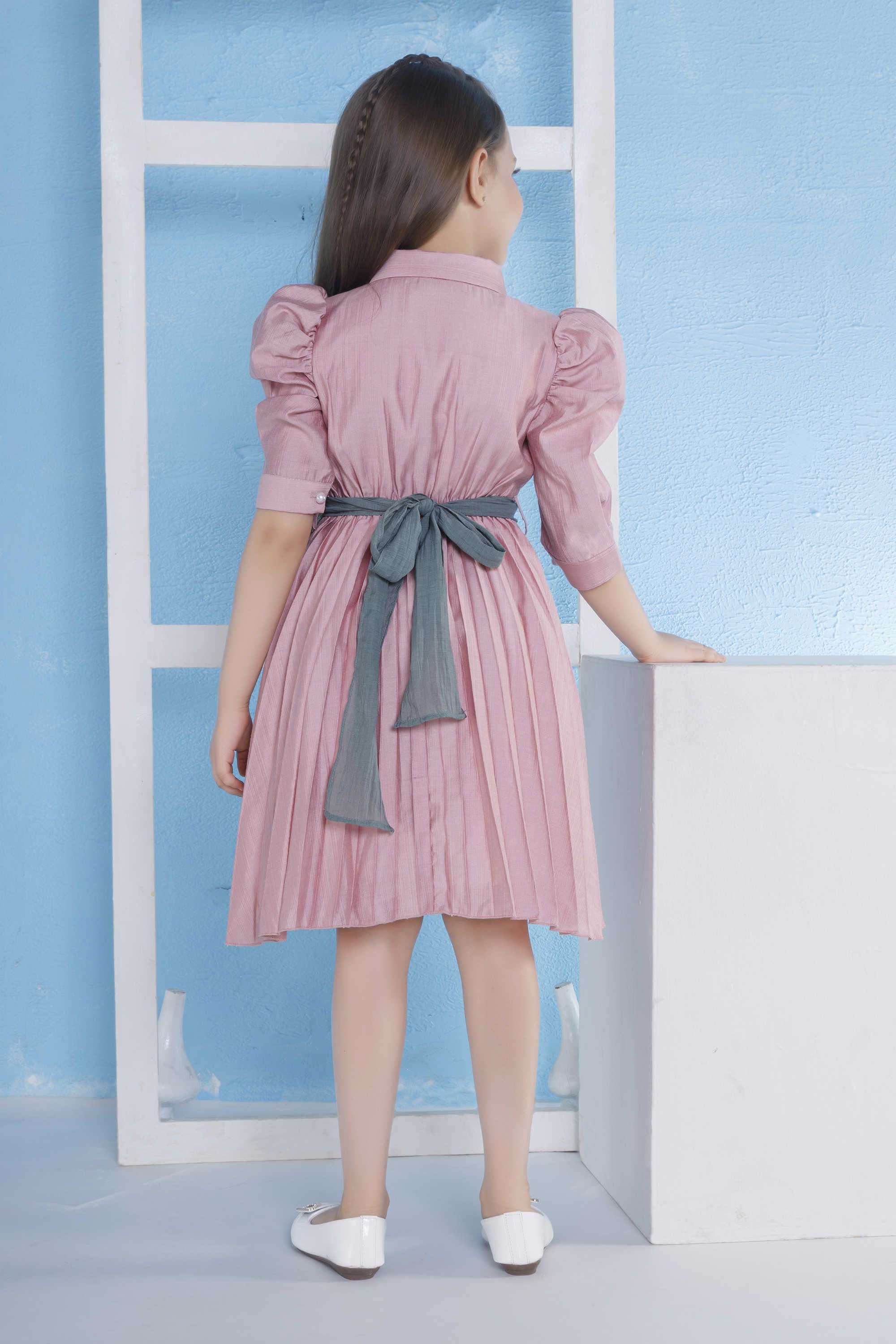 Solid-Blended-Fabric-Collared-Girl-s-Casual-Wear-Dress