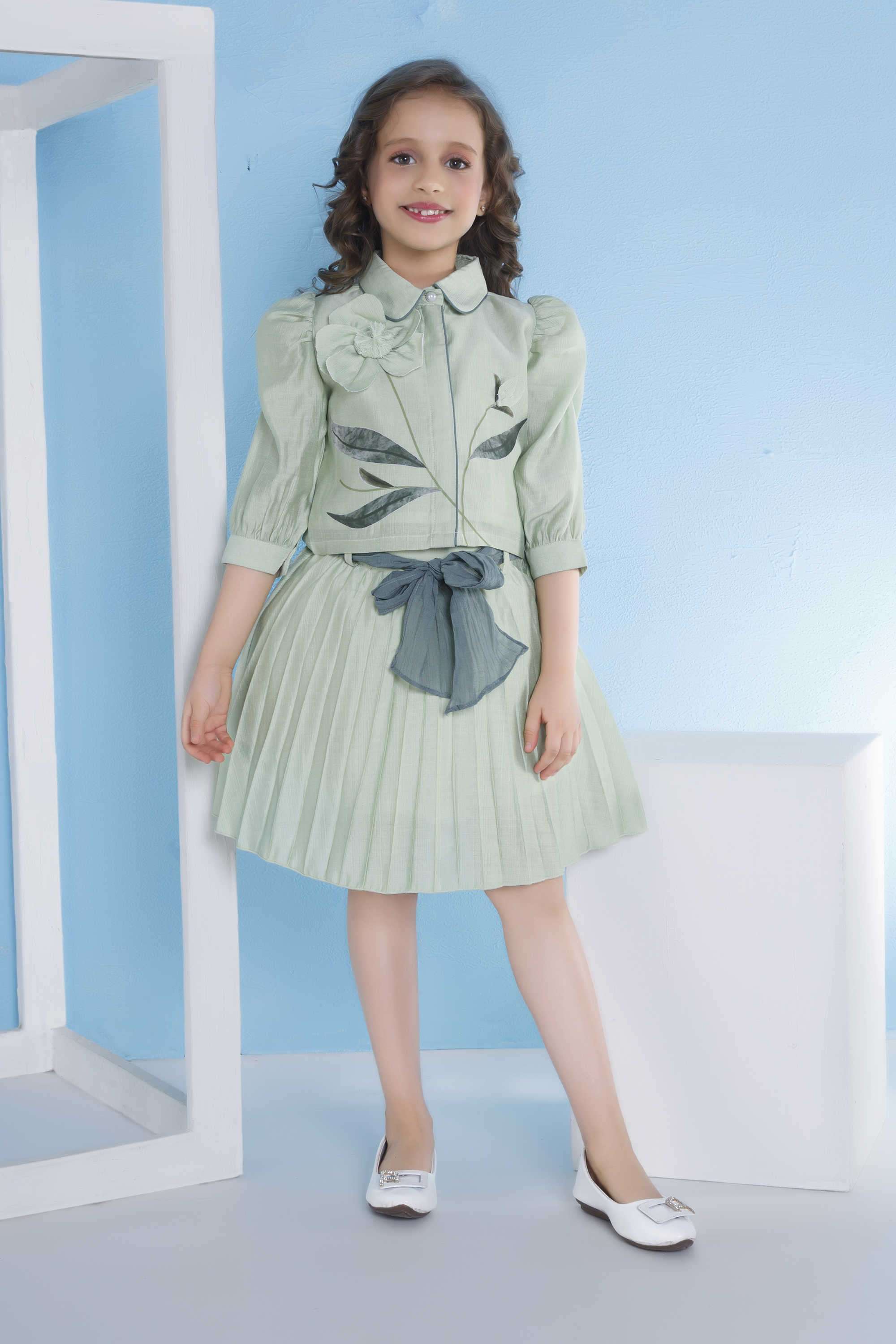 Solid-Blended-Fabric-Collared-Girl-s-Casual-Wear-Skirt-&-Top-with-Belt-Clothing-Set