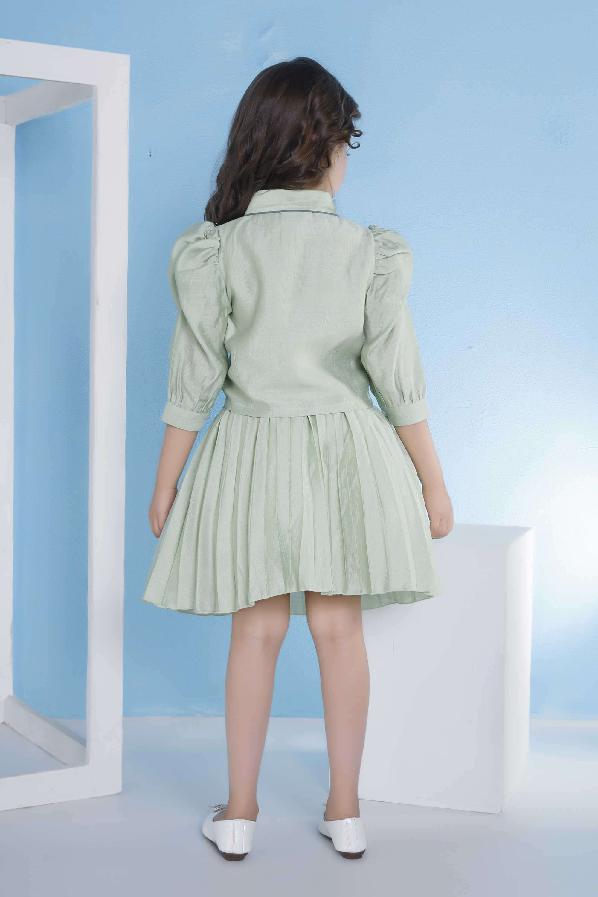 Solid-Blended-Fabric-Collared-Girl-s-Casual-Wear-Skirt-&-Top-with-Belt-Clothing-Set