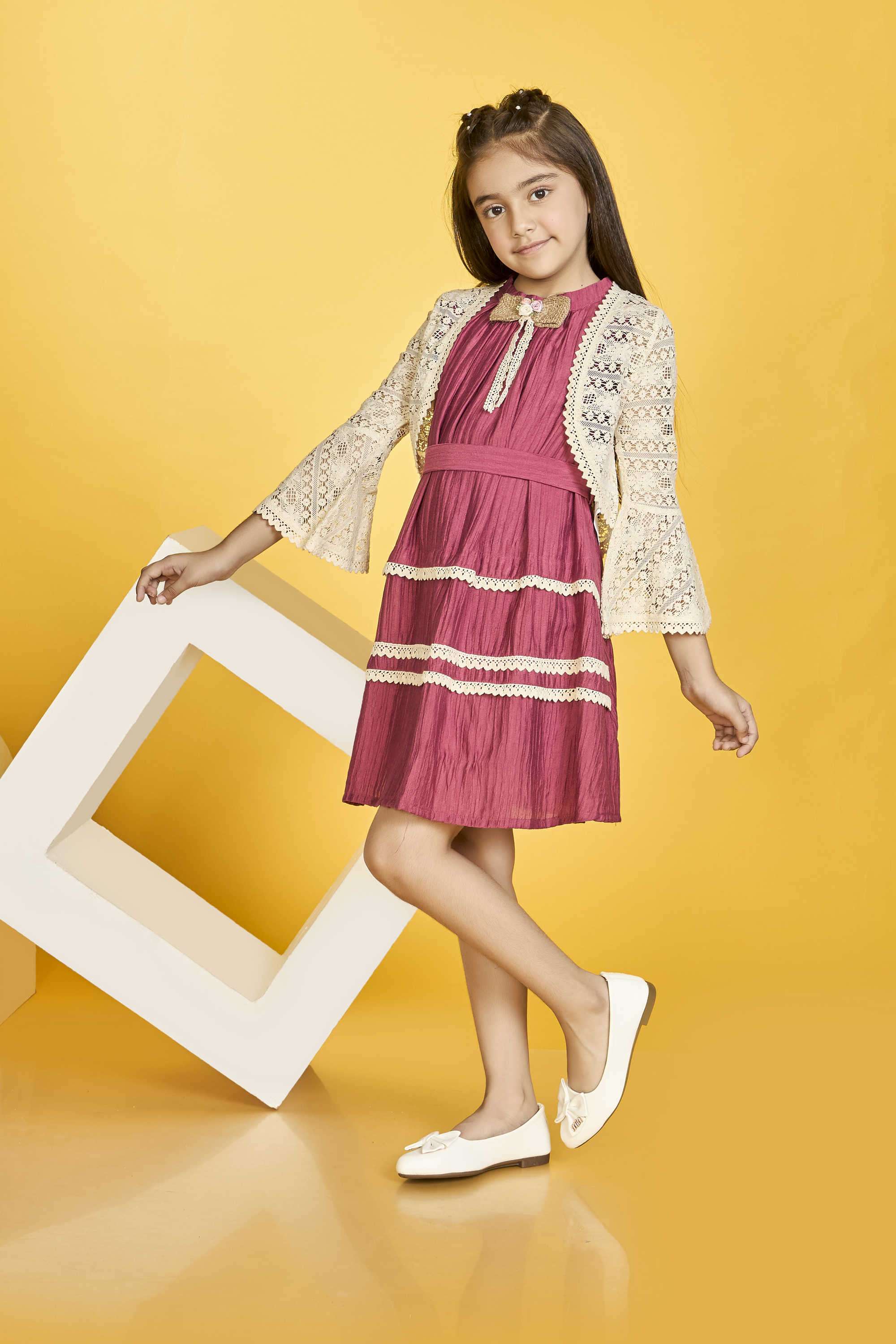 Solid-Polyester-Round-Neck-Girl-s-Party-Wear-Dress-&-Jacket-with-Belt-Clothing-Set