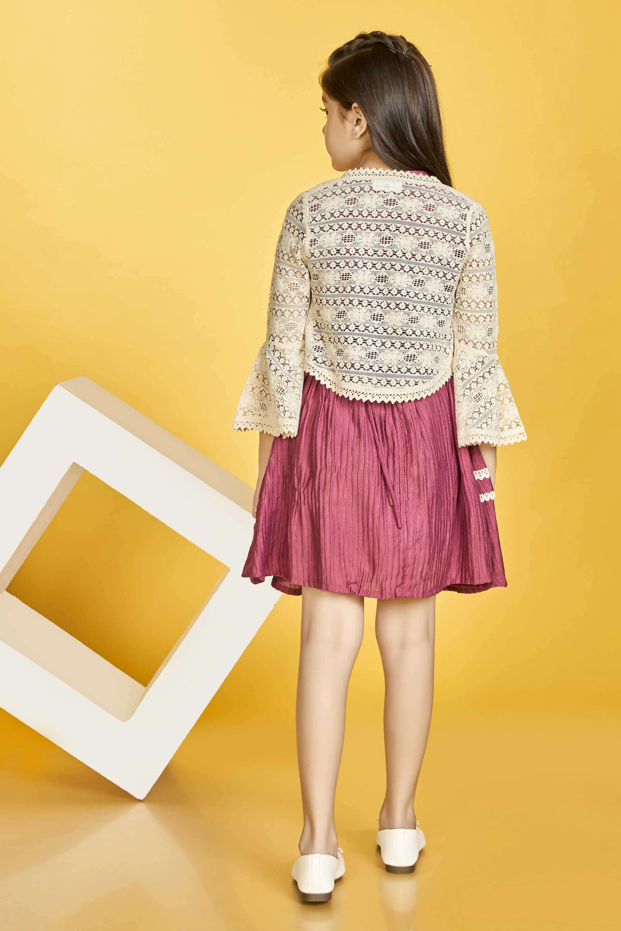 Solid-Polyester-Round-Neck-Girl-s-Party-Wear-Dress-&-Jacket-with-Belt-Clothing-Set