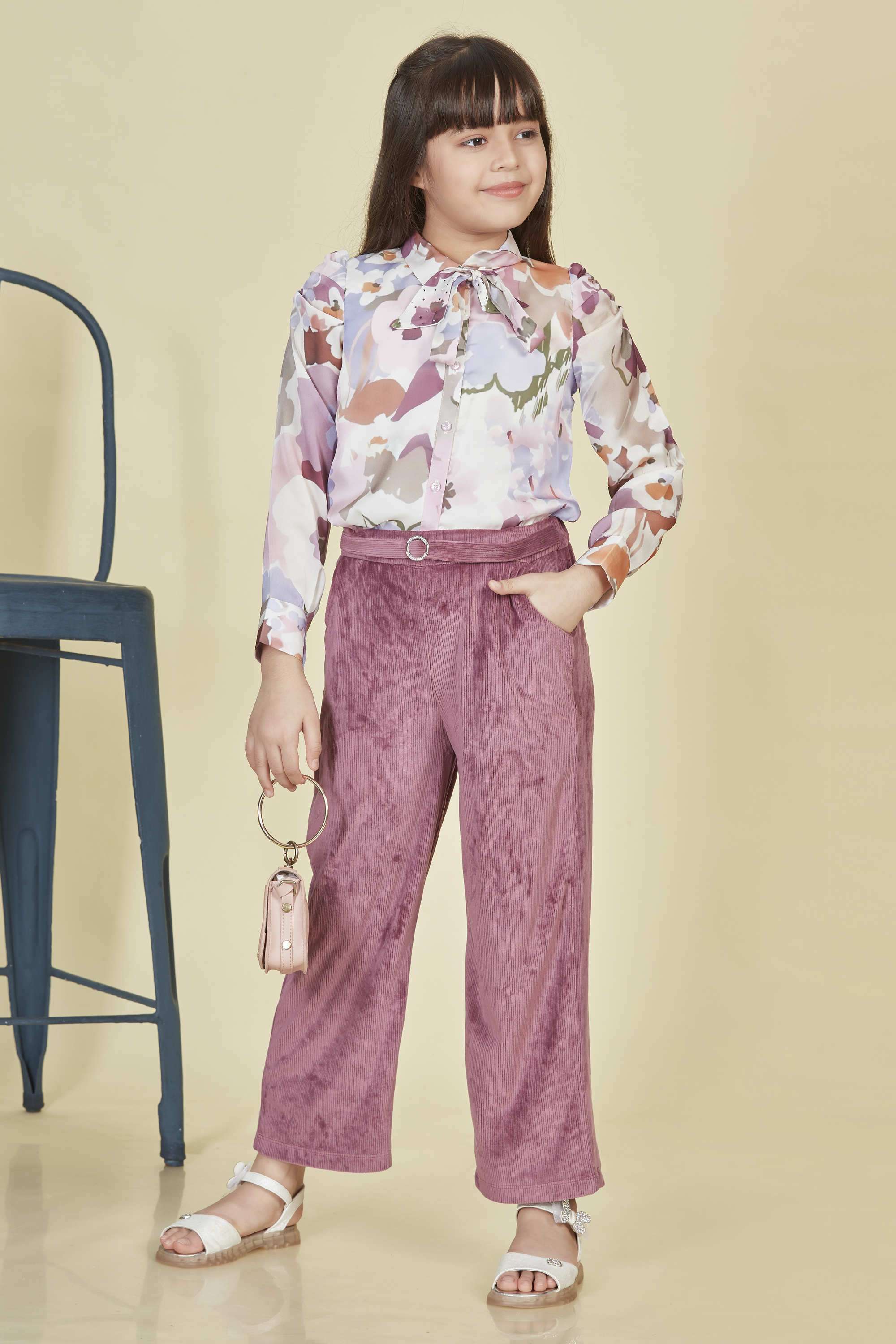 Floral-Polyester-Collared-Girls-Casual-Wear-Pant-Set