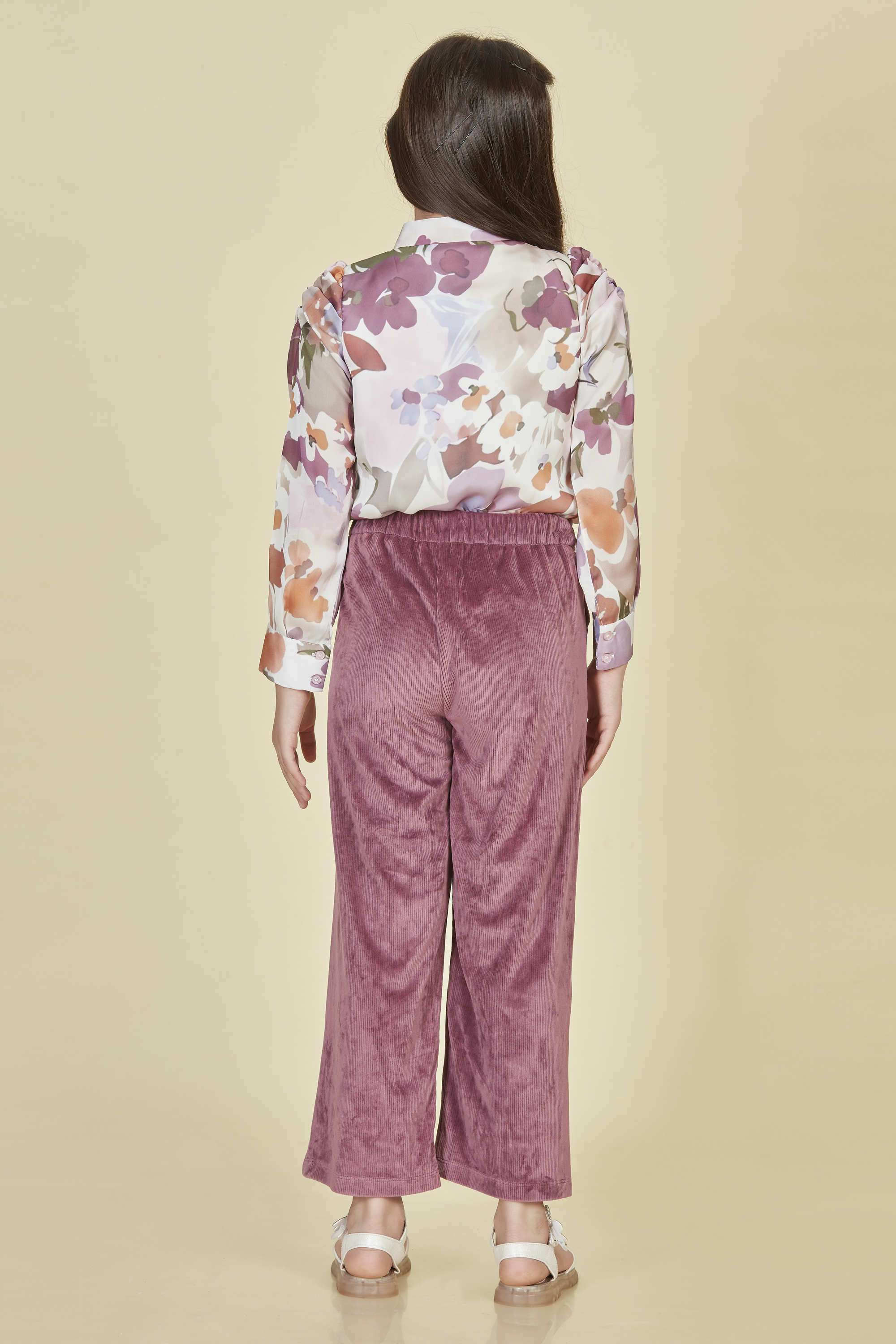 Floral-Polyester-Collared-Girls-Casual-Wear-Pant-Set