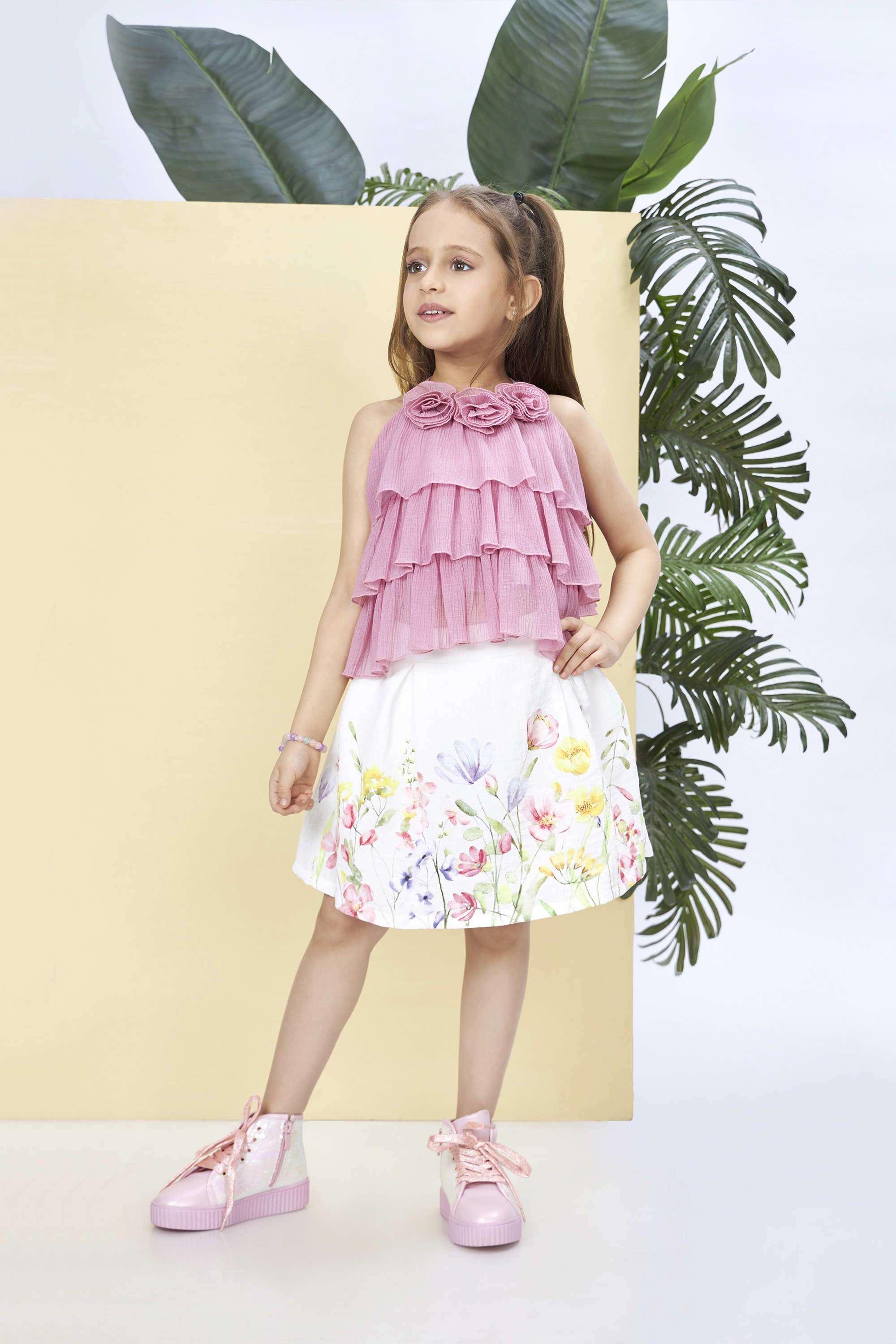 Textured-Polyester-Round-Neck-Girls-Party-Wear-Skirt-Set