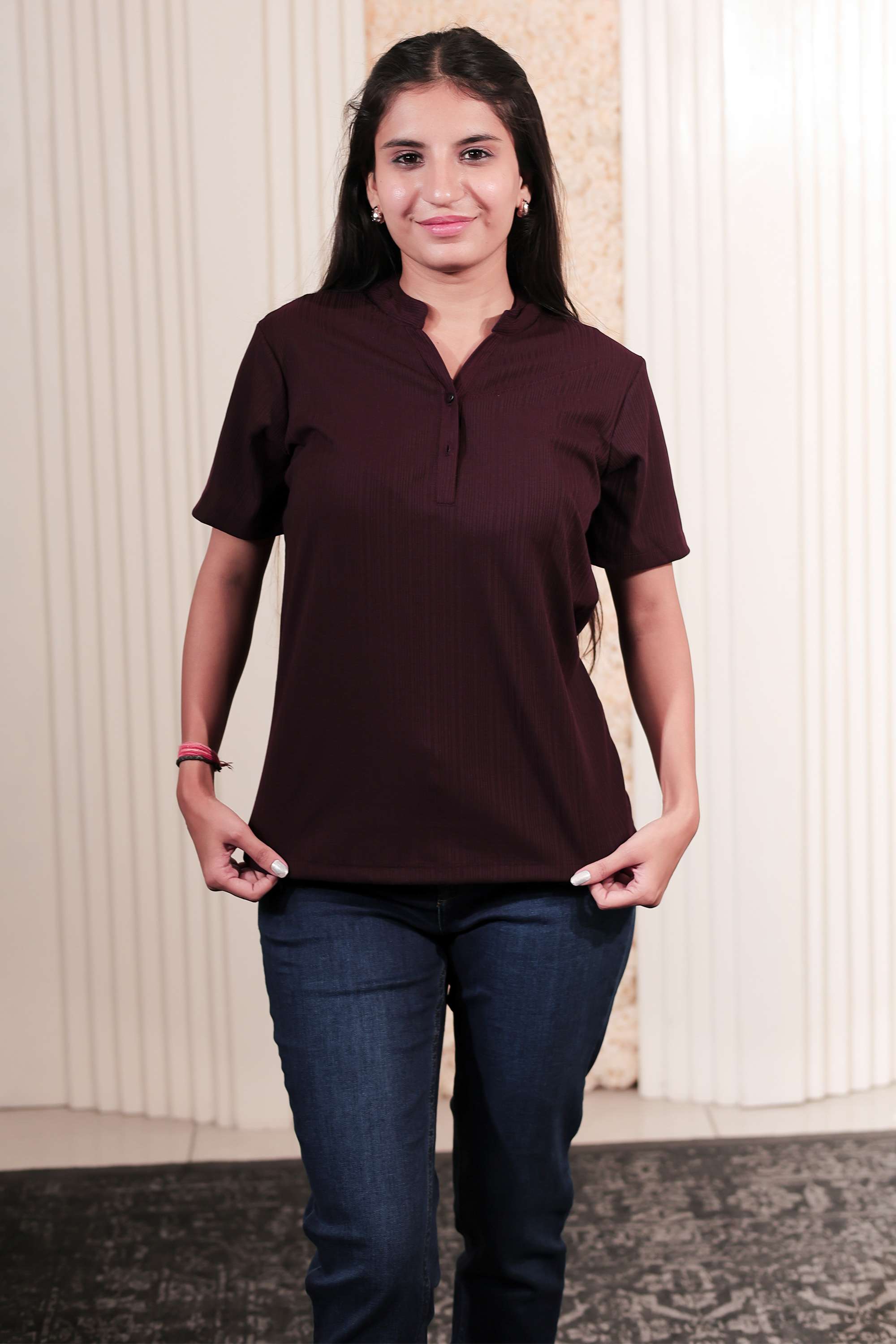 Solid-Polyester-Blend-Collared-Women-s-Top