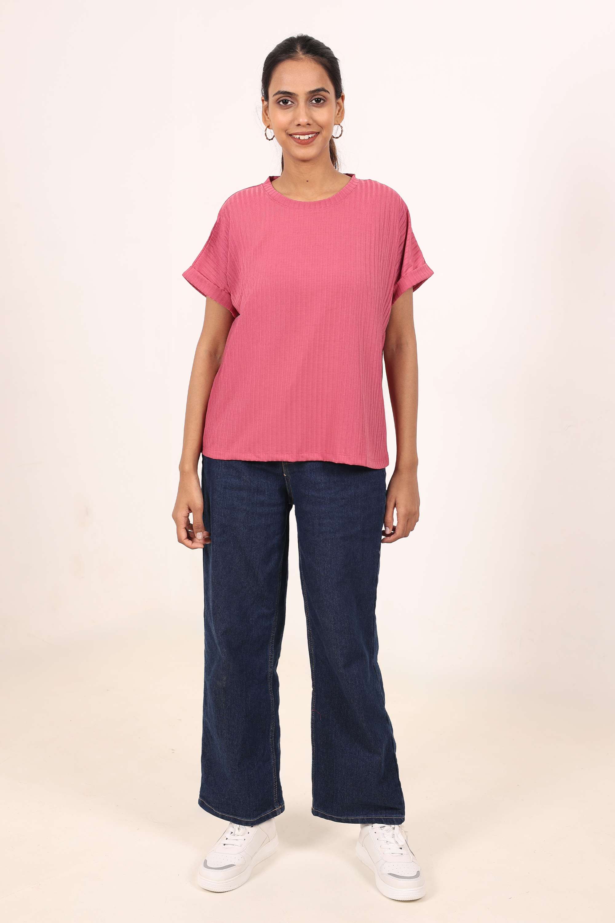 Solid-Blended-Fabric-Round-Neck-Women-s-T-Shirt