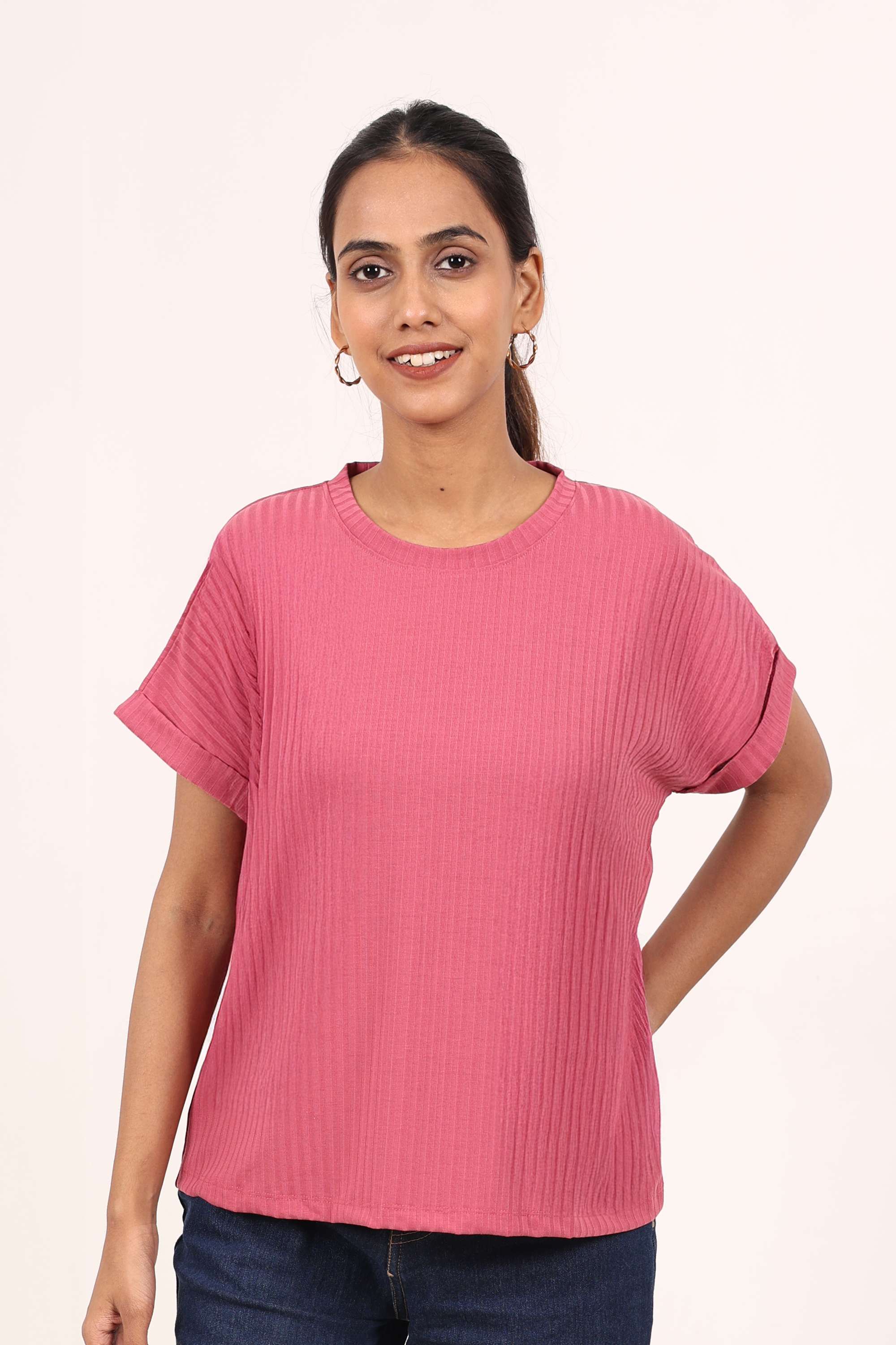 Solid-Blended-Fabric-Round-Neck-Women-s-T-Shirt