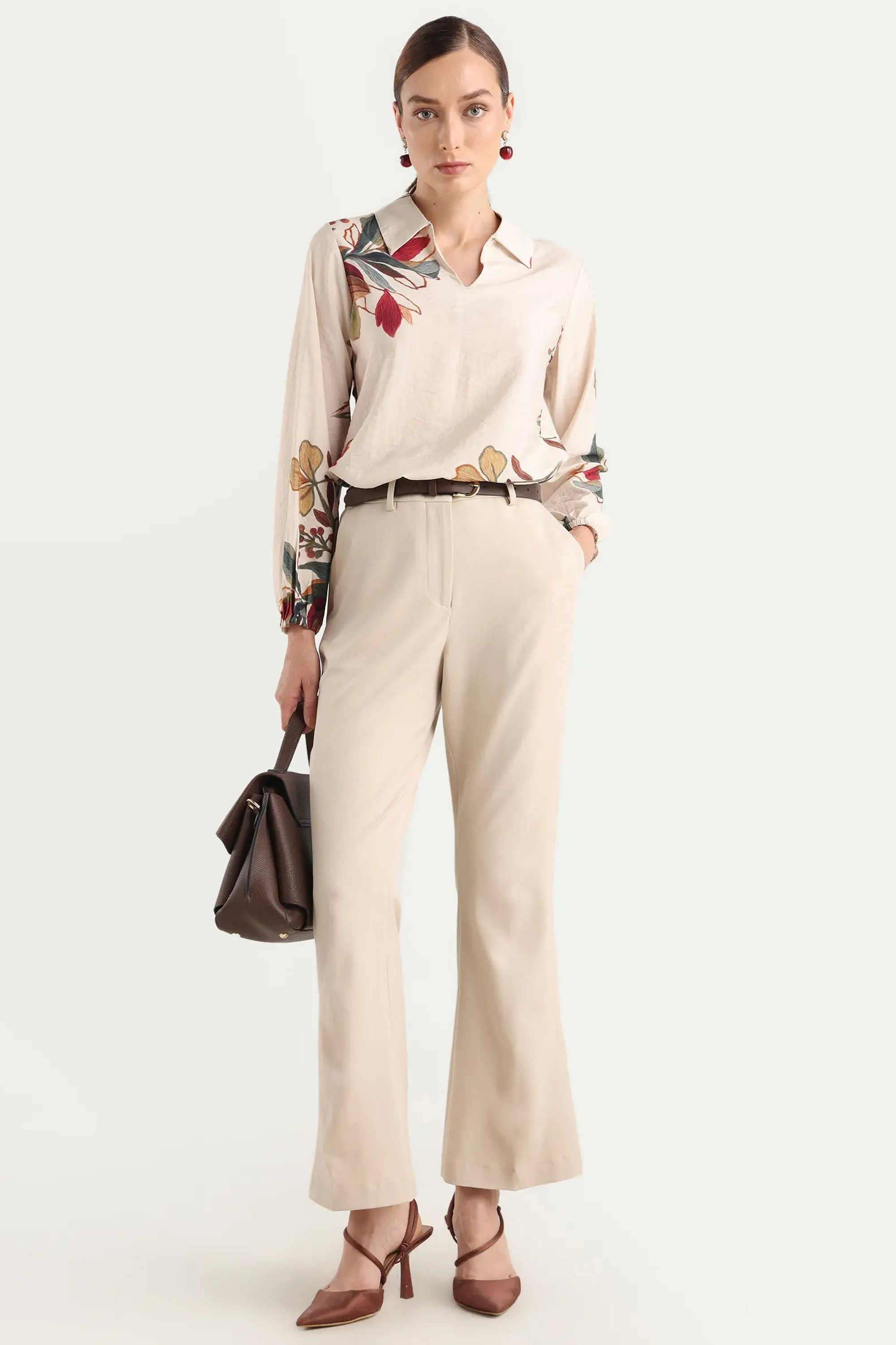 Printed-Blended-Fabric-Collared-Women-s-Top