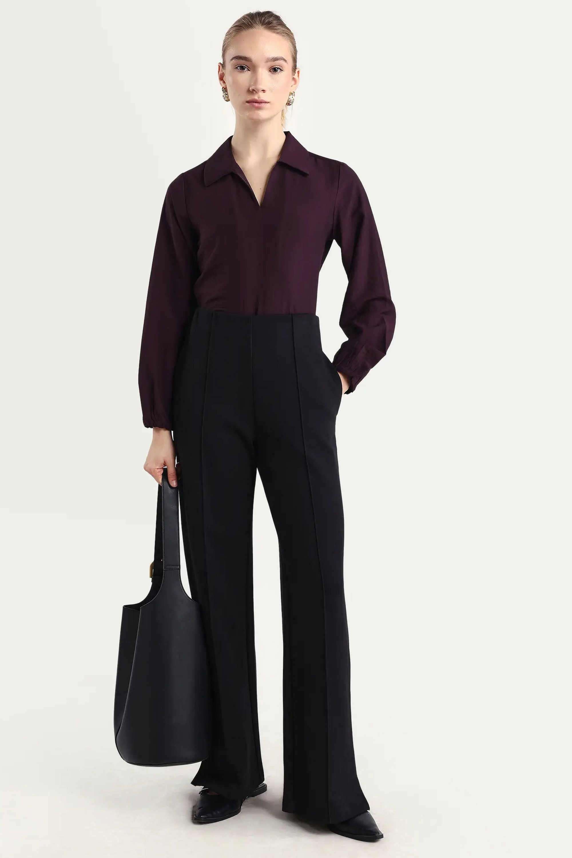 Solid-Blended-Fabric-Collared-Women-s-Top