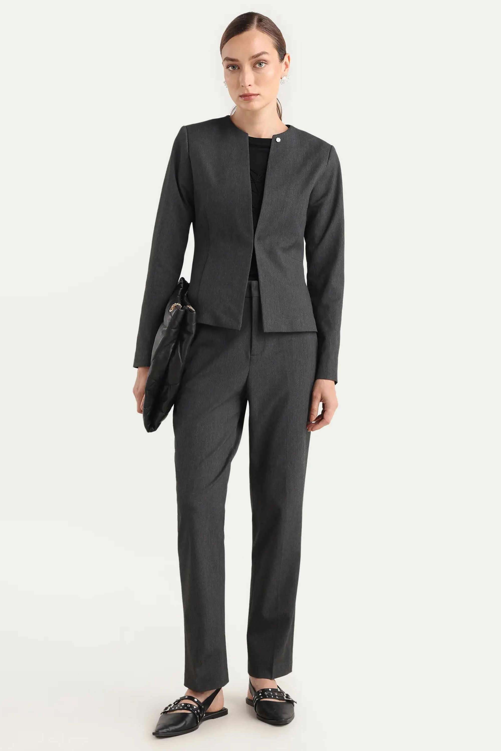 Solid-Blended-Fabric-Round-Neck-Women-s-Blazer