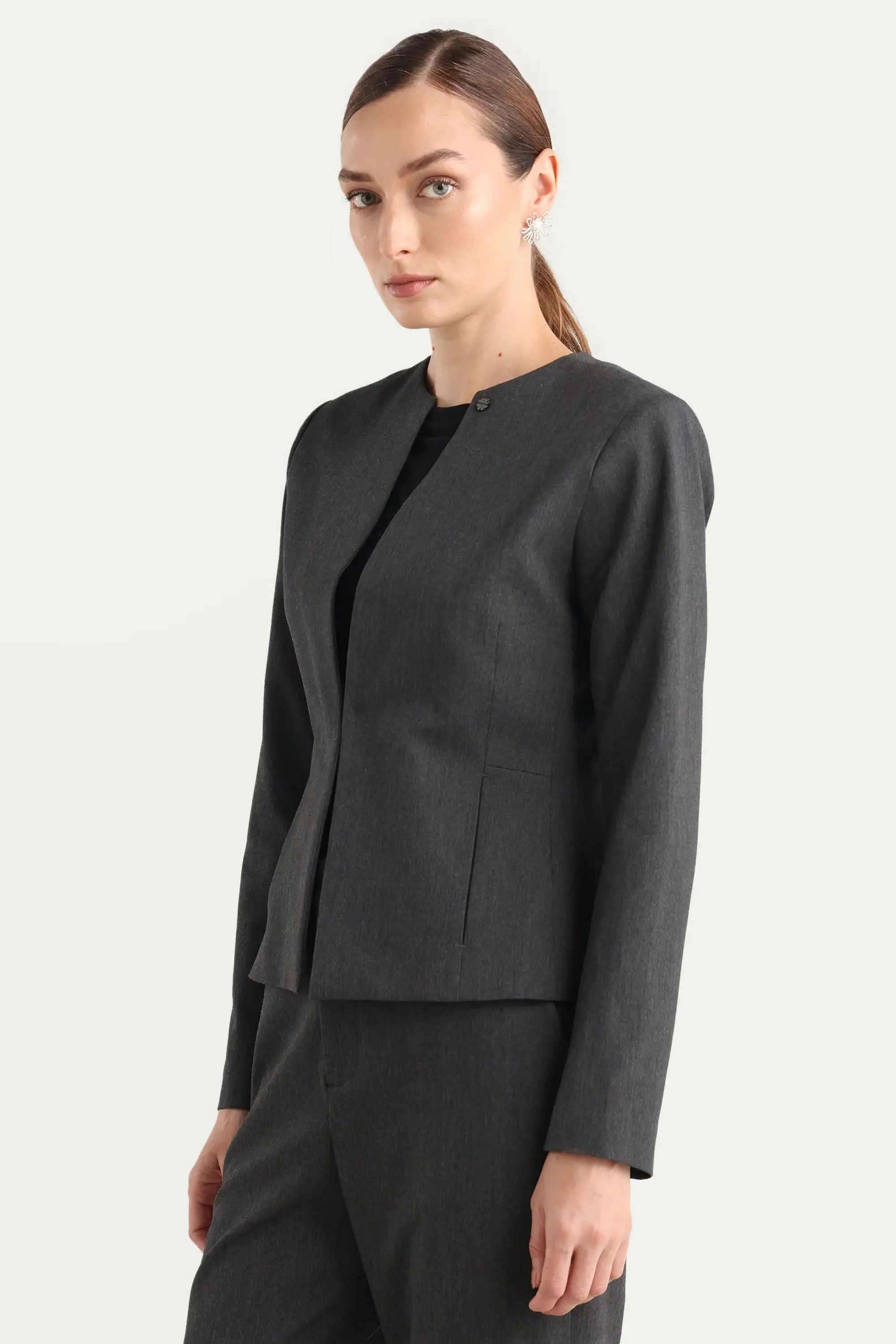 Solid-Blended-Fabric-Round-Neck-Women-s-Blazer