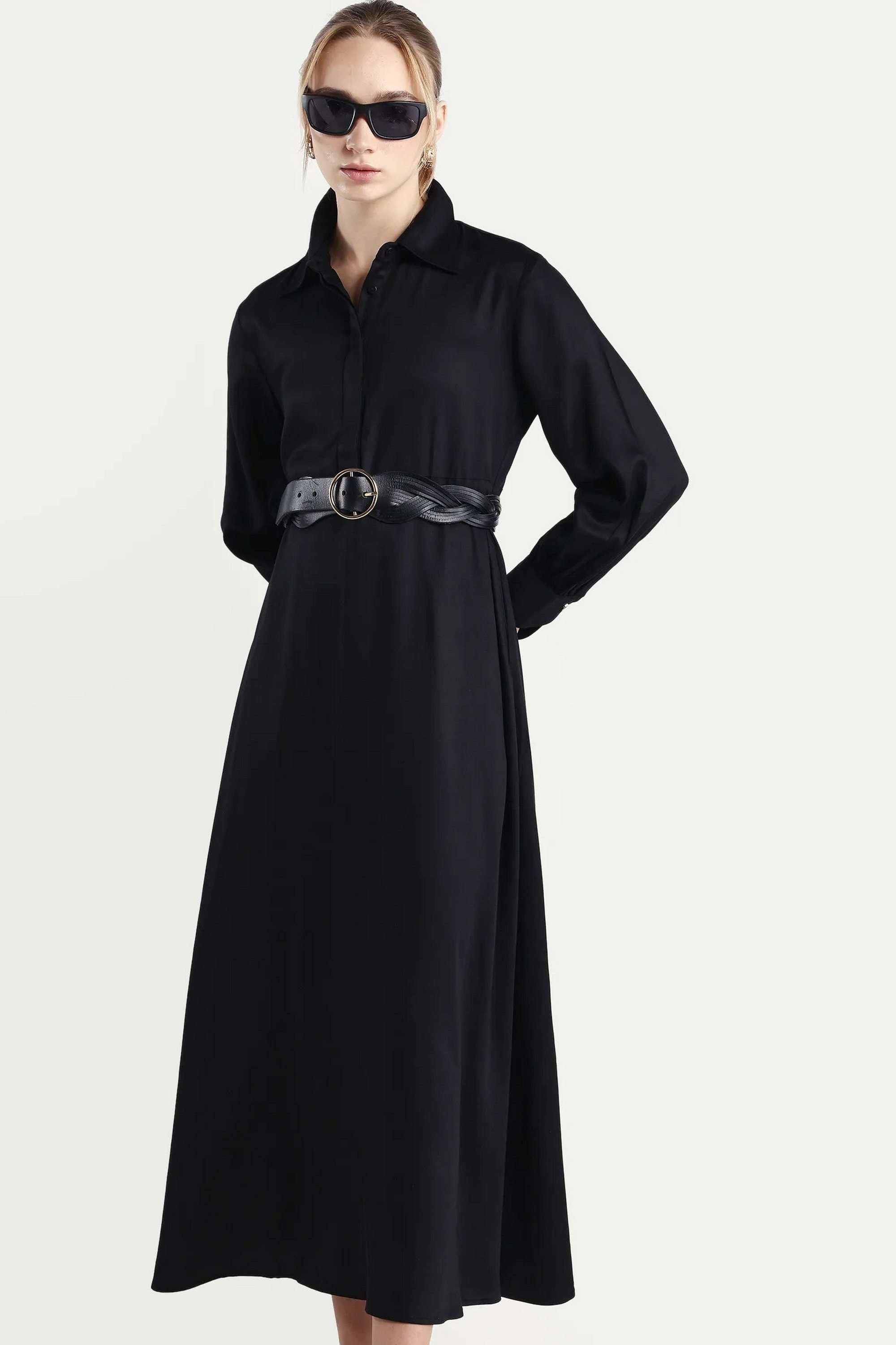 Solid-Viscose-Collared-Women-s-Dress