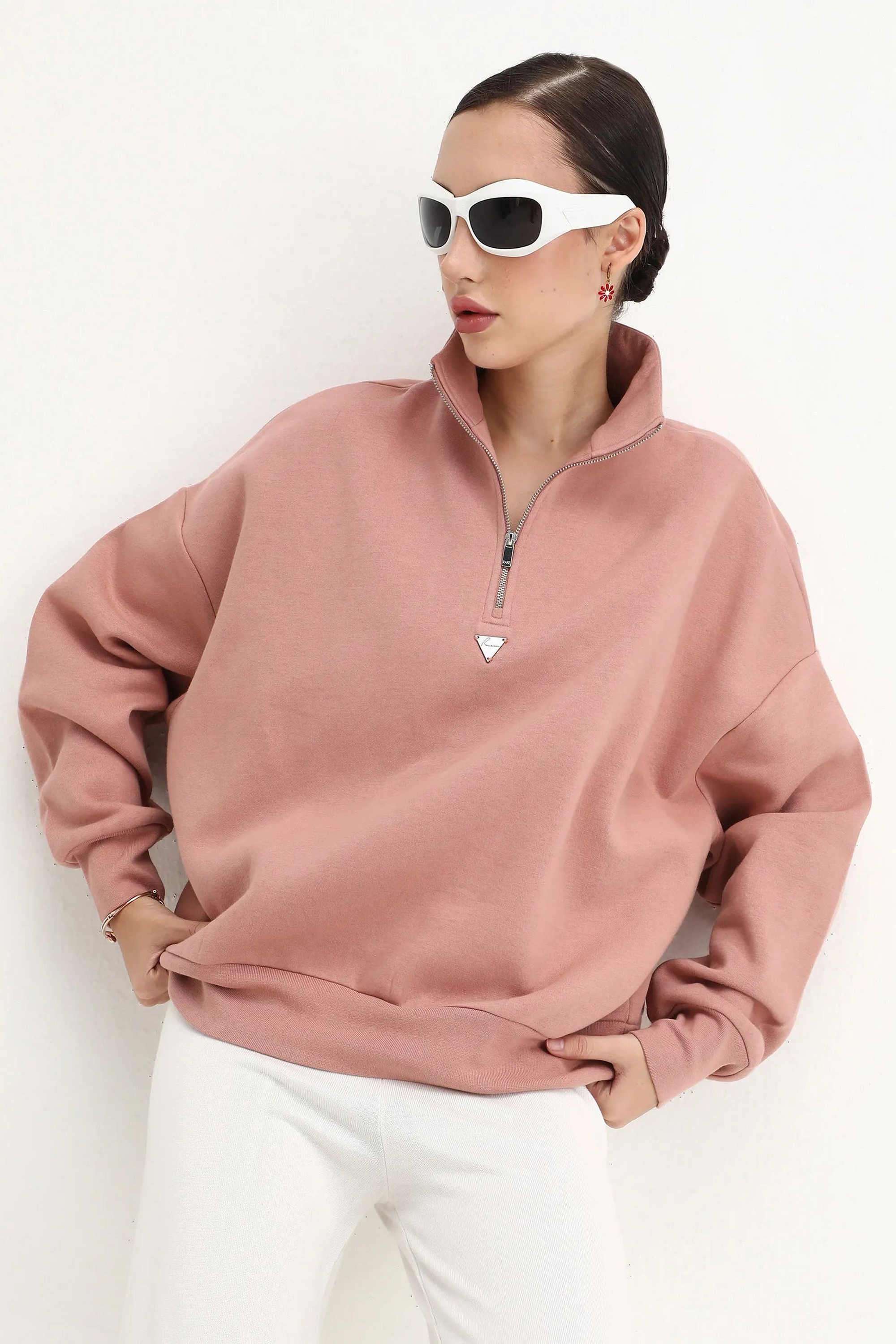 Solid-Collared-Cotton-Blend-Women-Sweatshirt
