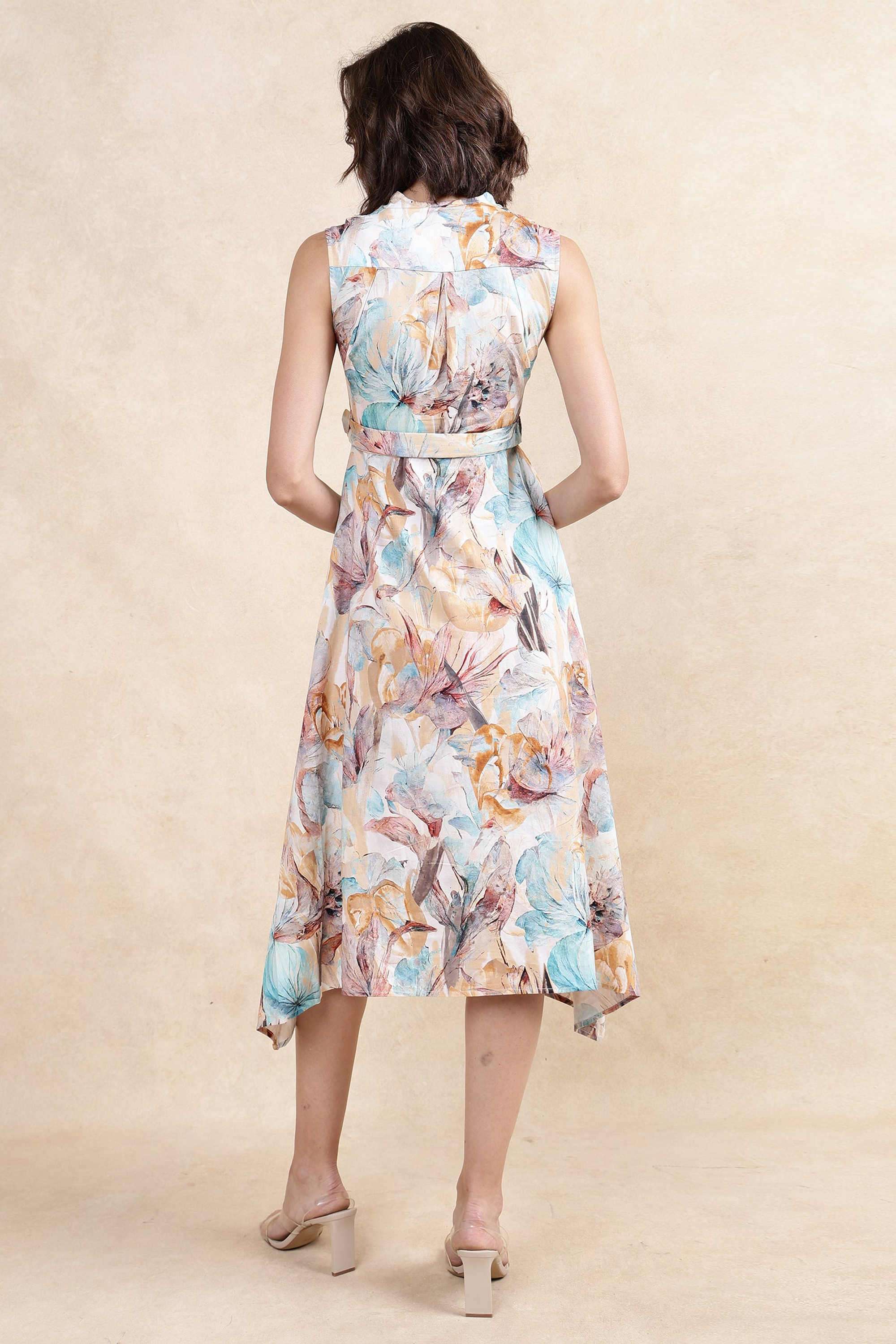 Floral-Cotton-Blend-V-Neck-Women-s-Dress