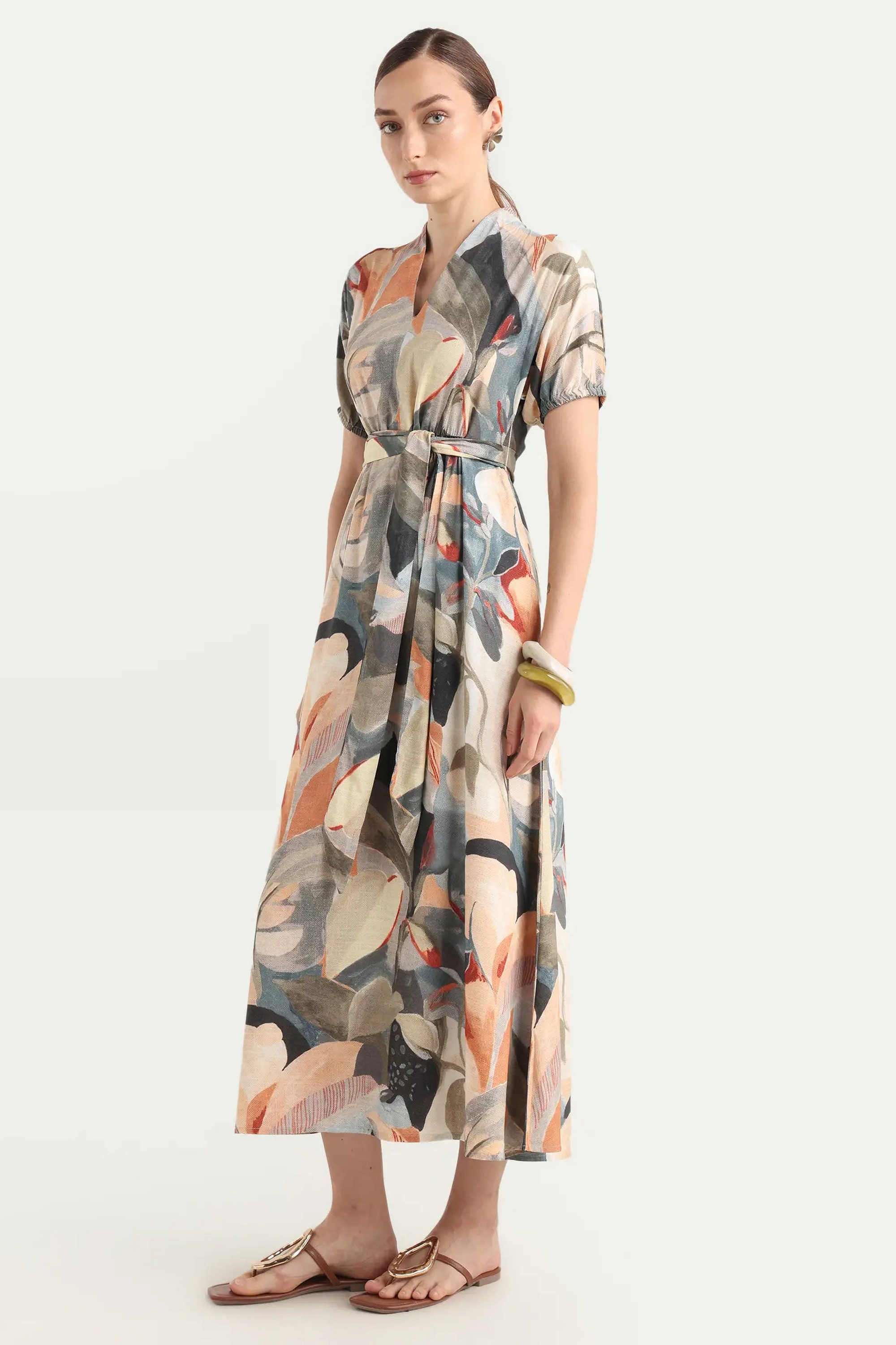 Printed-Viscose-V-Neck-Women-s-Dress