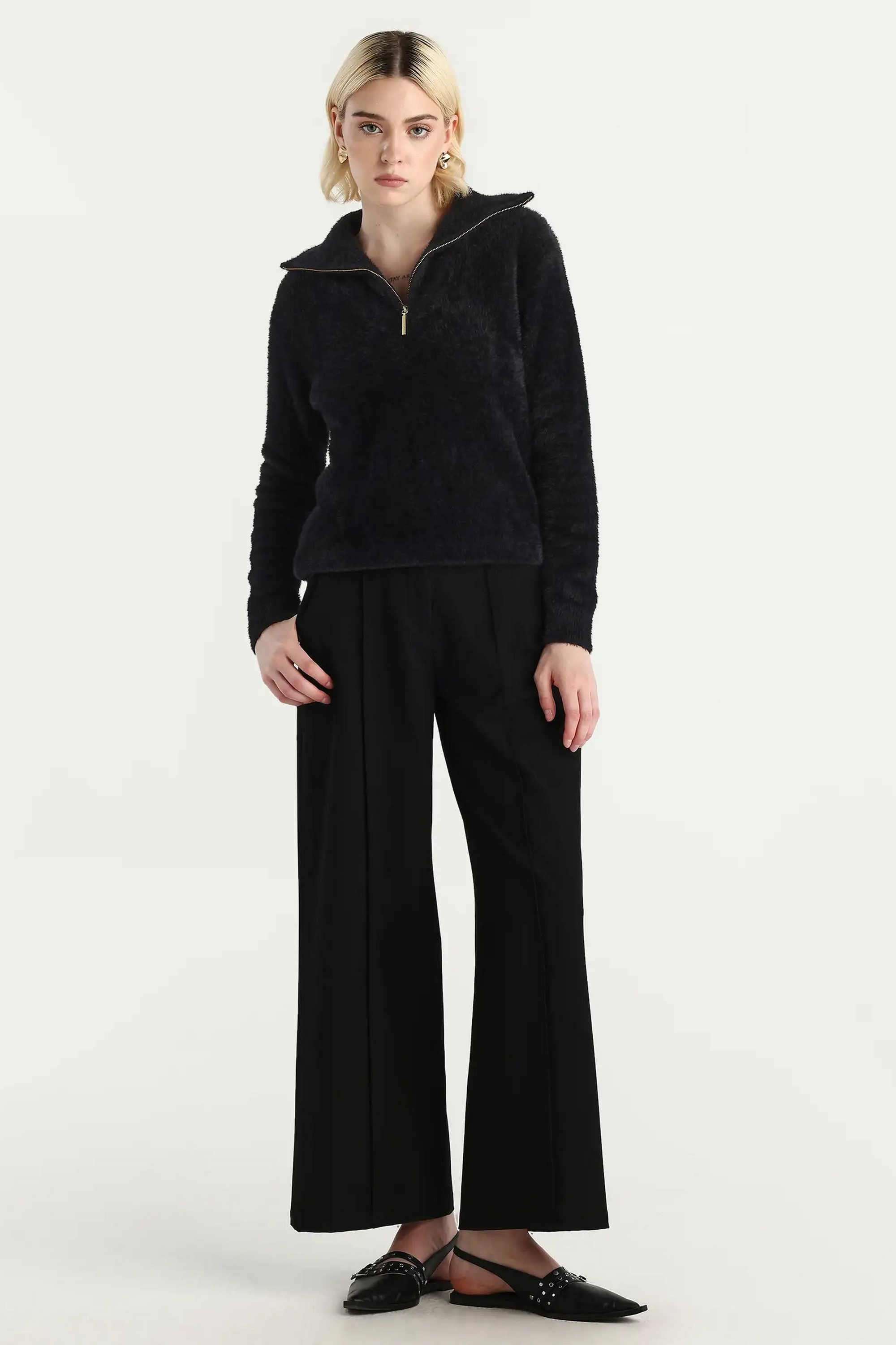 Solid-Blended-Fabric-High-Neck-Women-s-Sweater