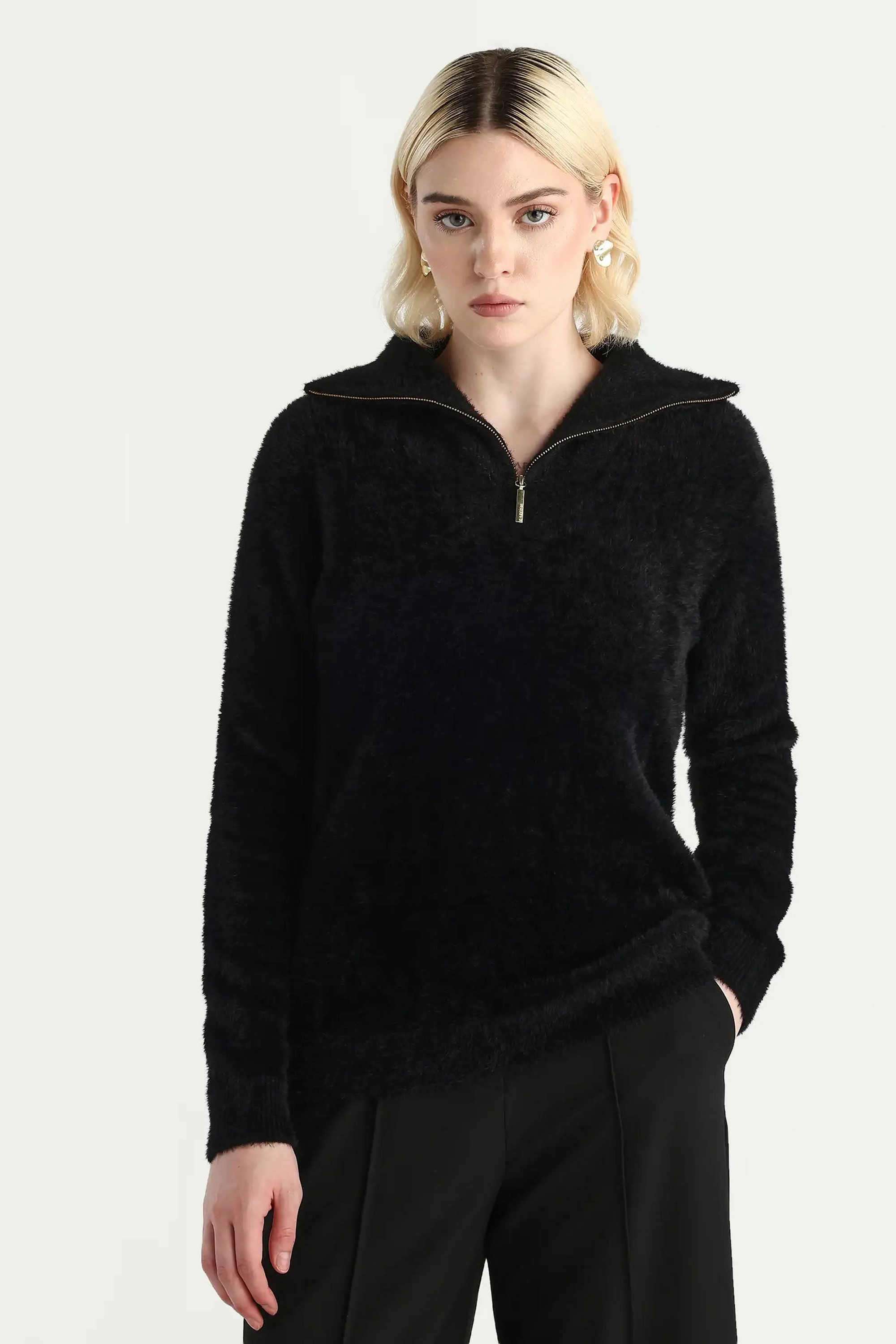 Solid-Blended-Fabric-High-Neck-Women-s-Sweater