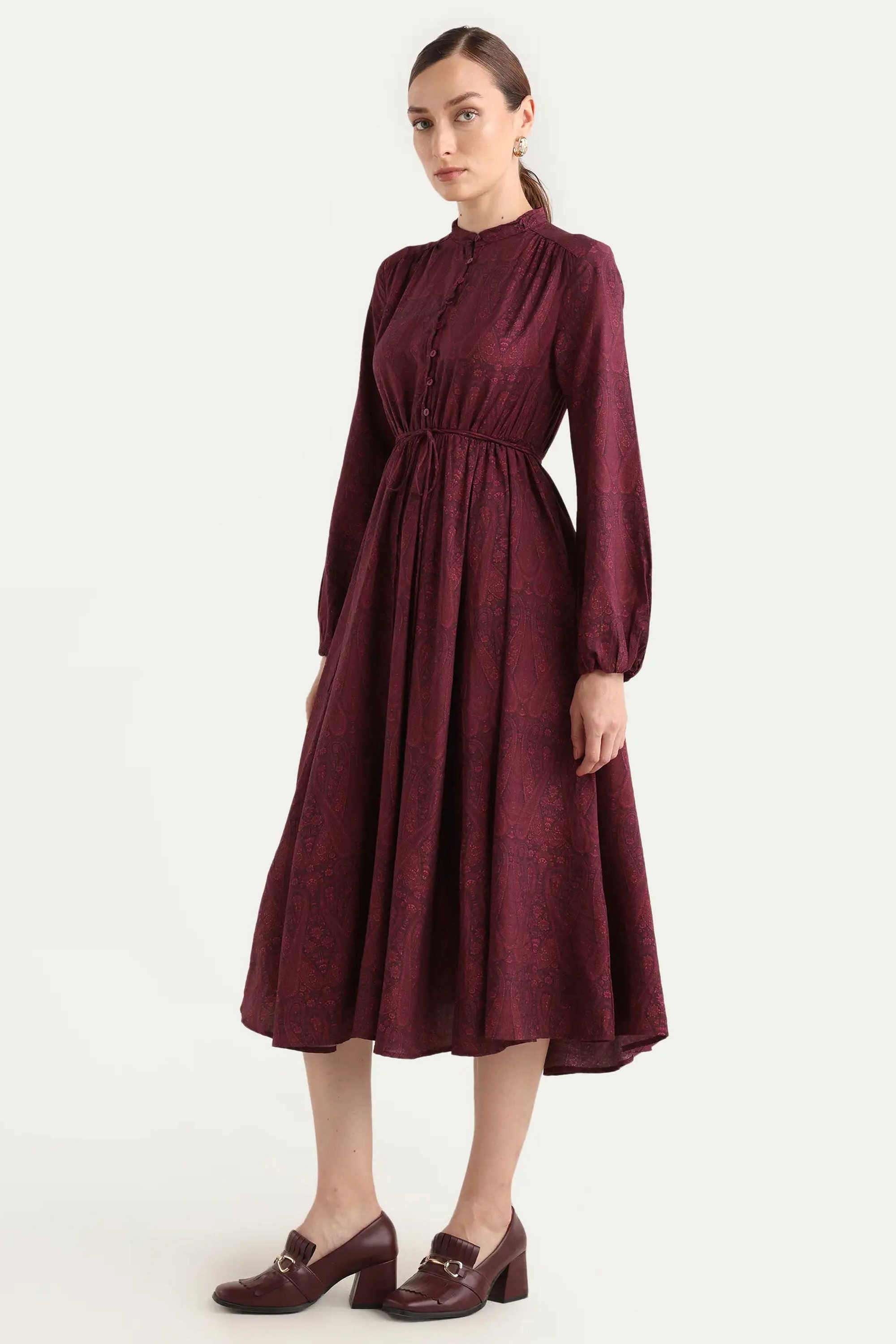 Printed-Blended-Fabric-Collared-Women-s-Dress