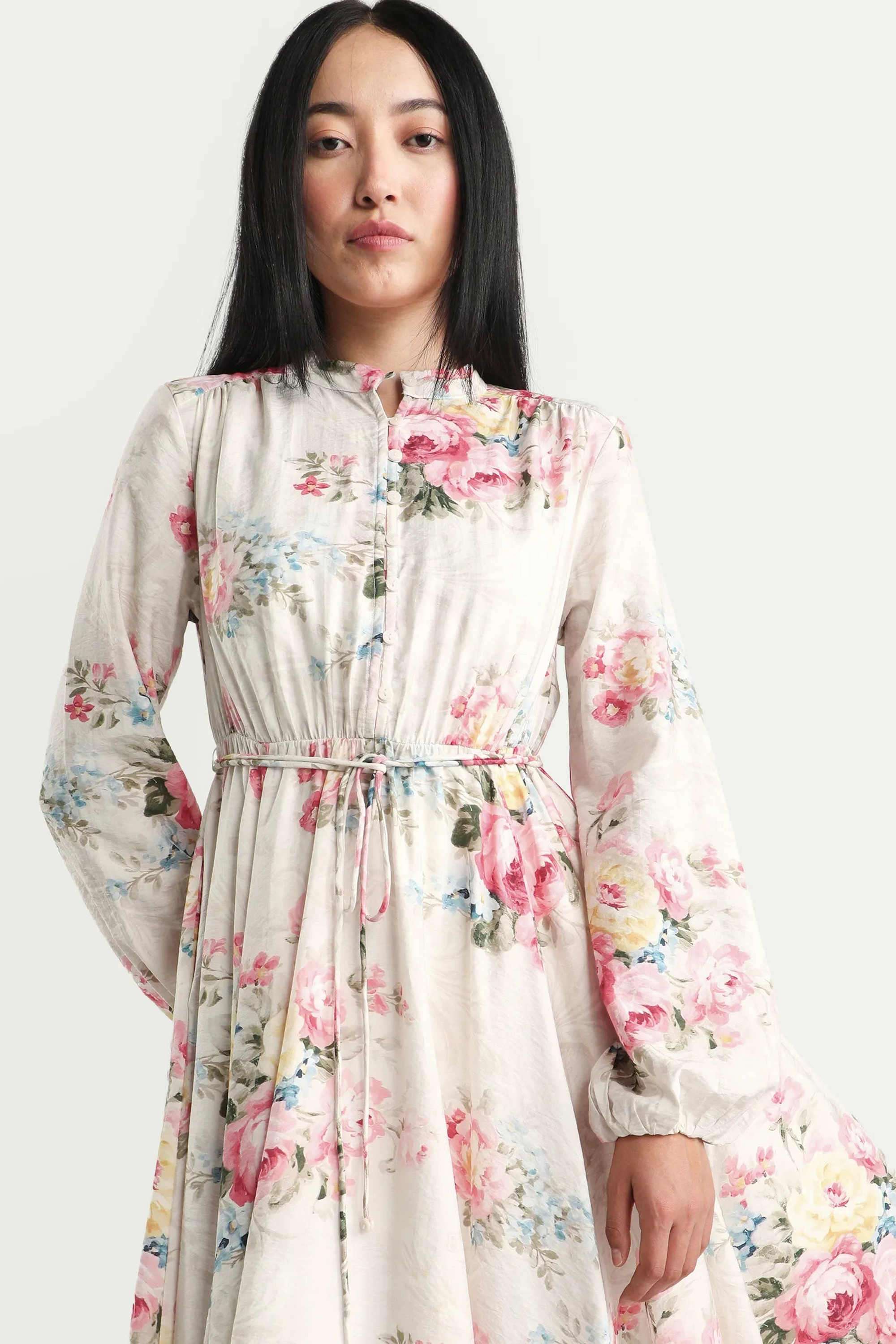 Printed-Blended-Fabric-Collared-Women-s-Dress