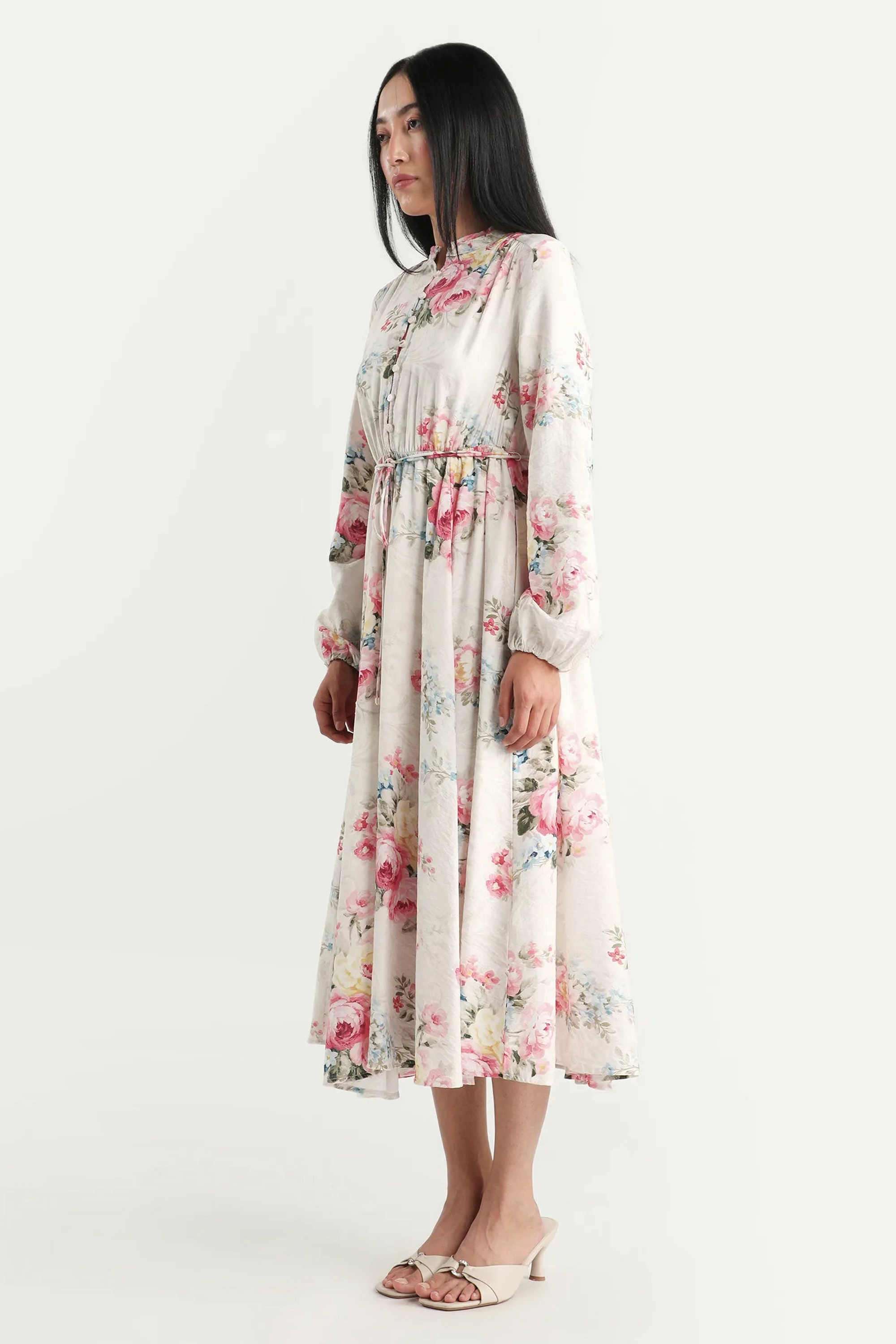 Printed-Blended-Fabric-Collared-Women-s-Dress