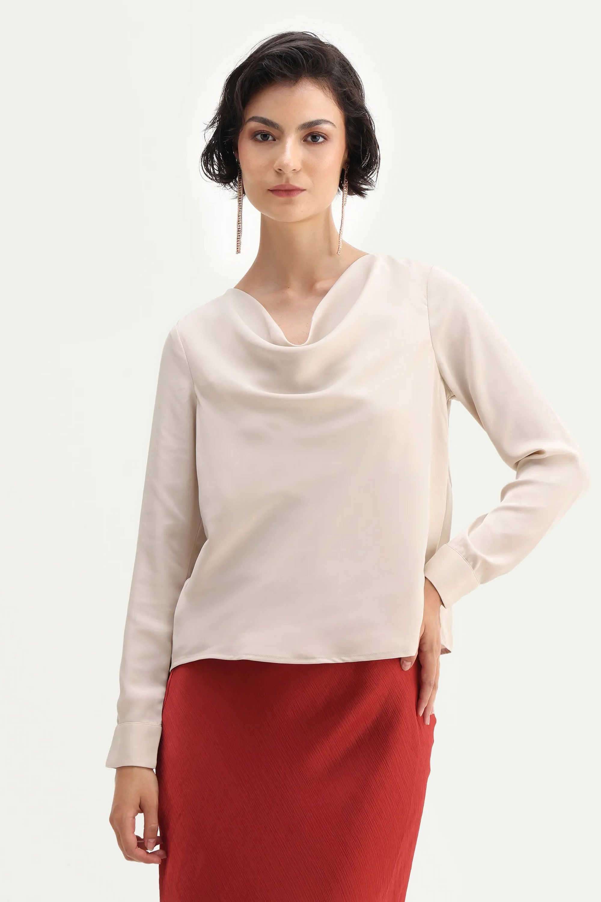 Solid-Polyester-Cowl-Neck-Women-s-Top