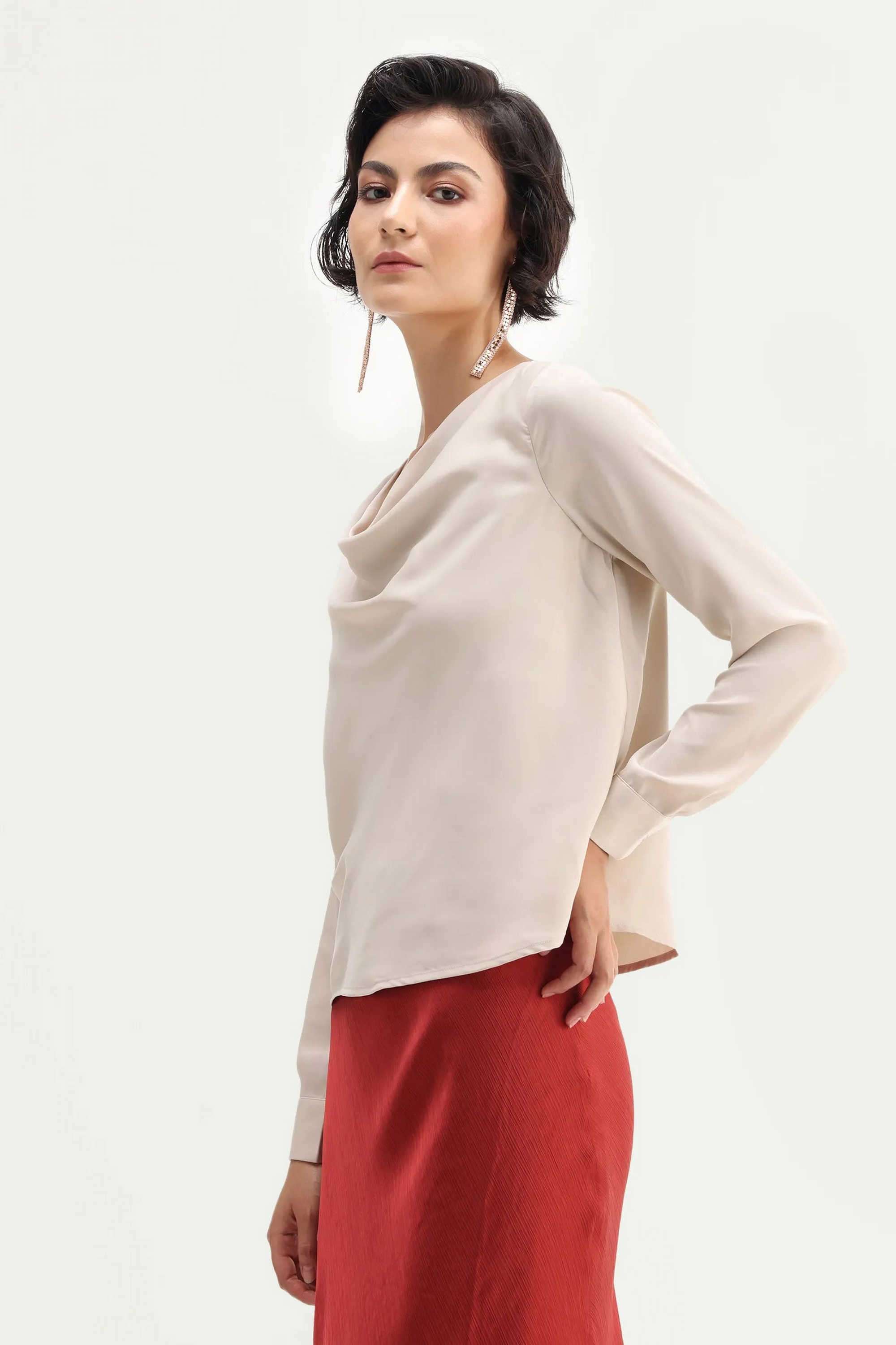 Solid-Polyester-Cowl-Neck-Women-s-Top