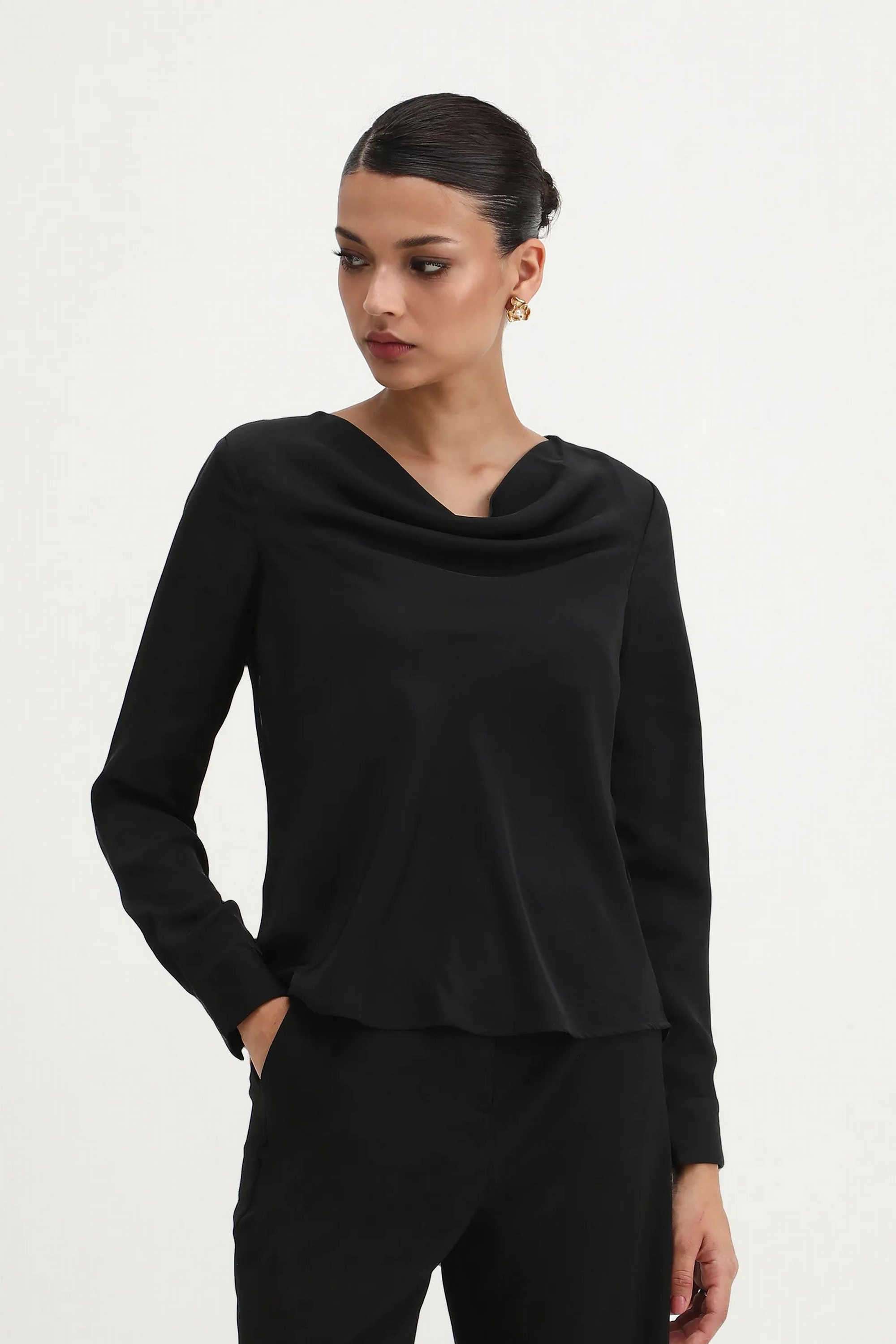 Solid-Polyester-Cowl-Neck-Women-s-Top