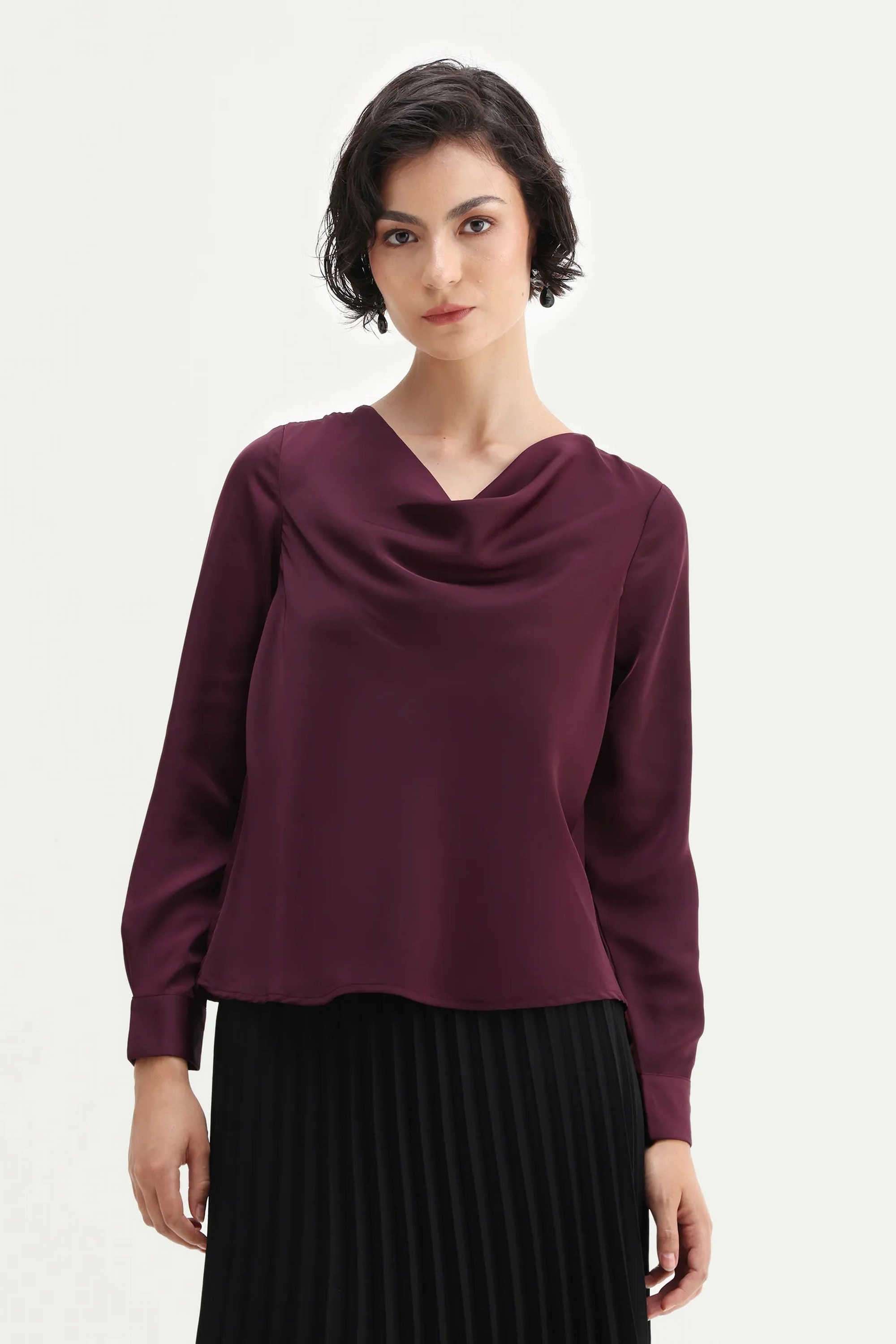 Solid-Polyester-Cowl-Neck-Women-s-Top