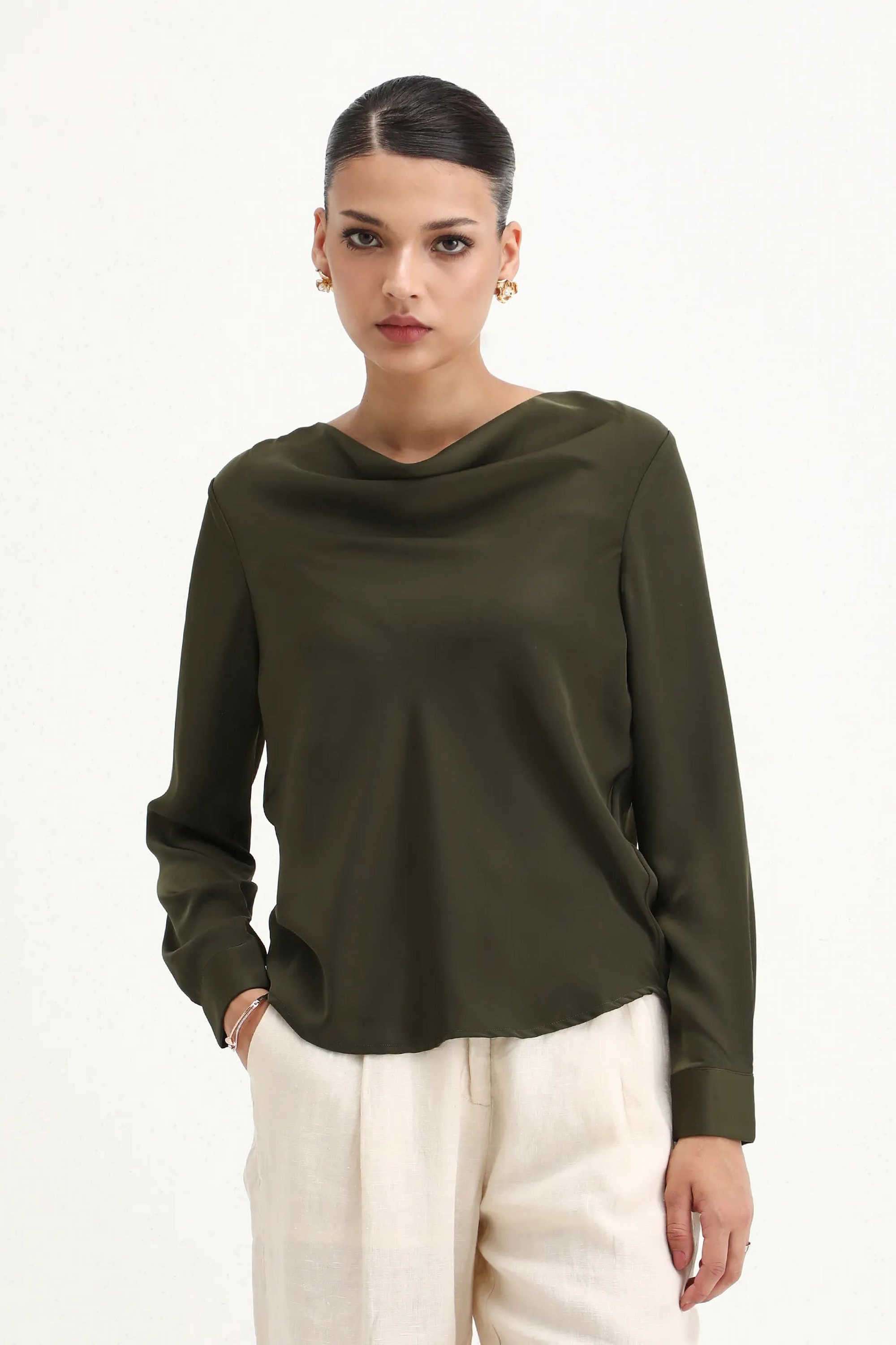 Solid-Polyester-Cowl-Neck-Women-s-Top