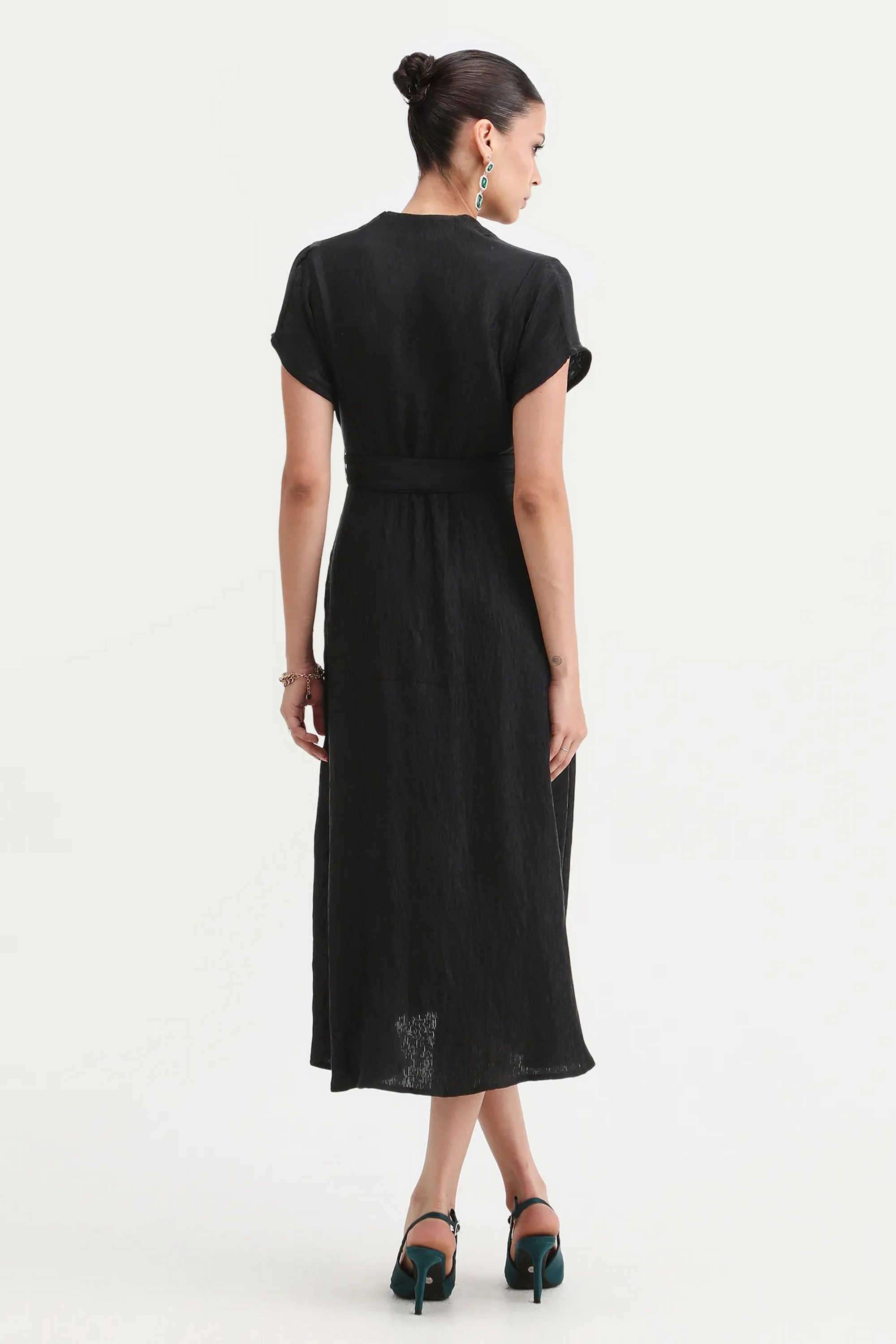 Solid-Blended-Fabric-V-Neck-Women-s-Dress