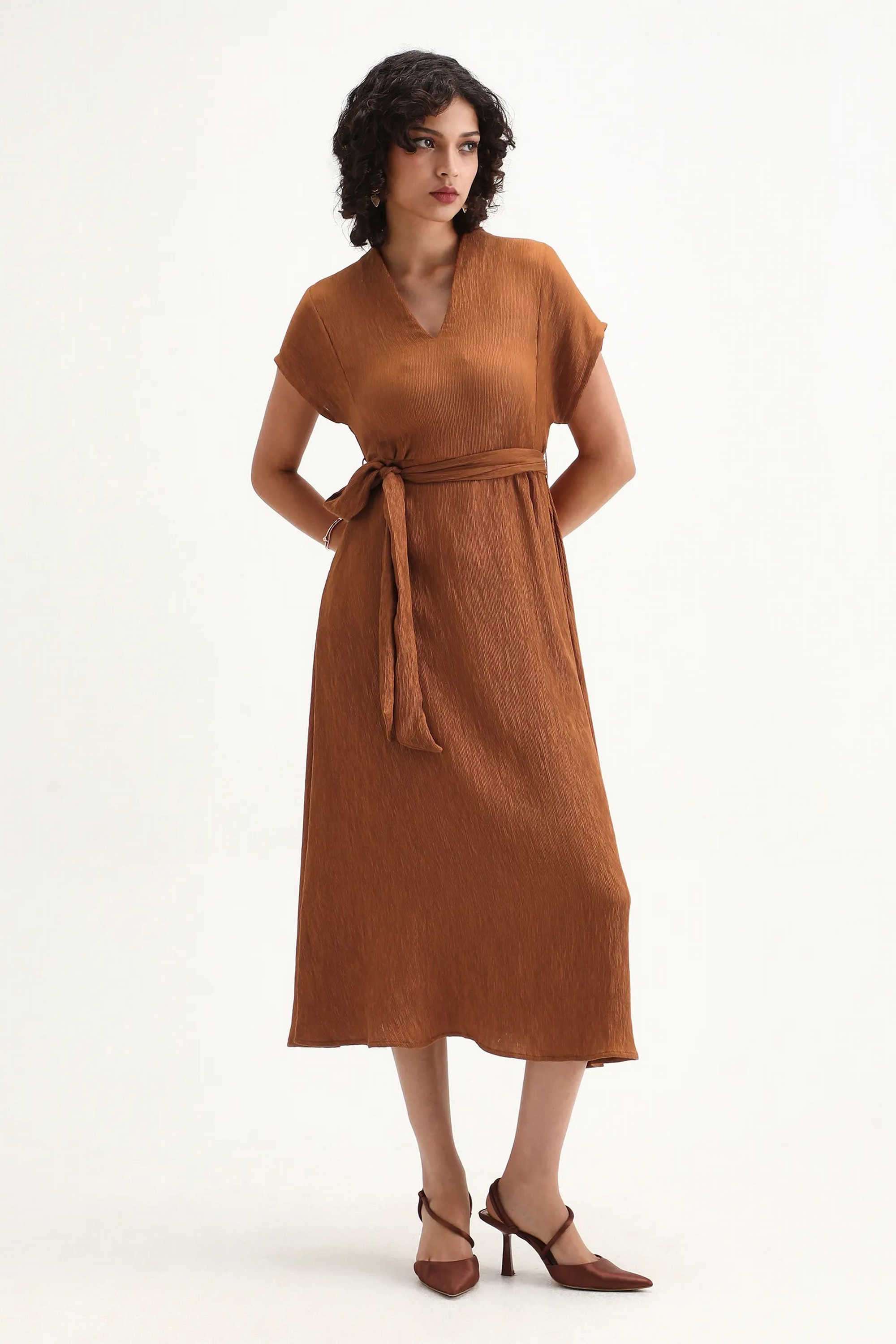 Solid-Blended-Fabric-V-Neck-Women-s-Dress