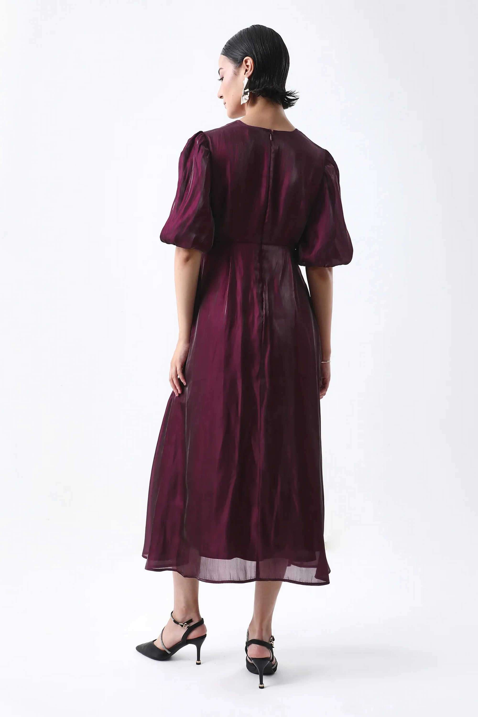 Solid-Polyester-High-Neck-Women-s-Dress